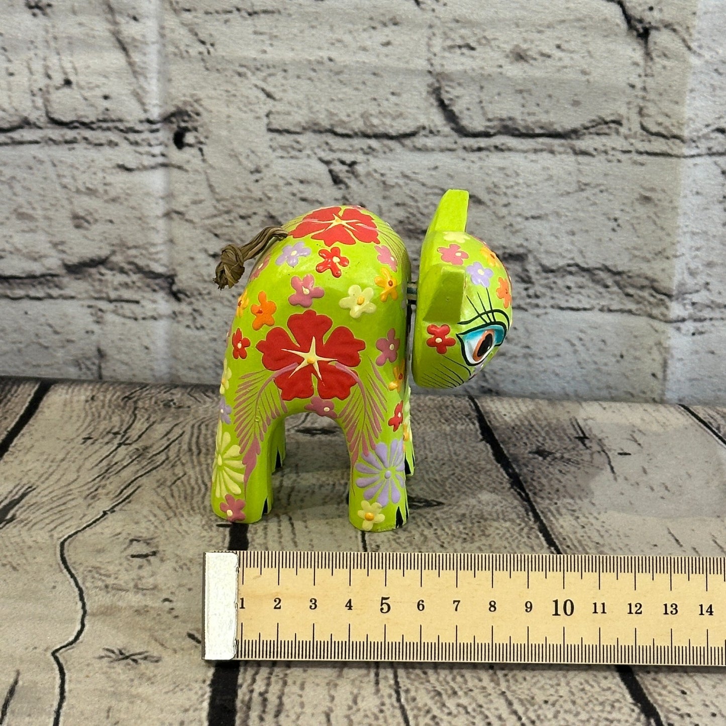 Green Small Wooden Cat With Flower Pattern 10cm x 8cm Handmade and Fairtrade