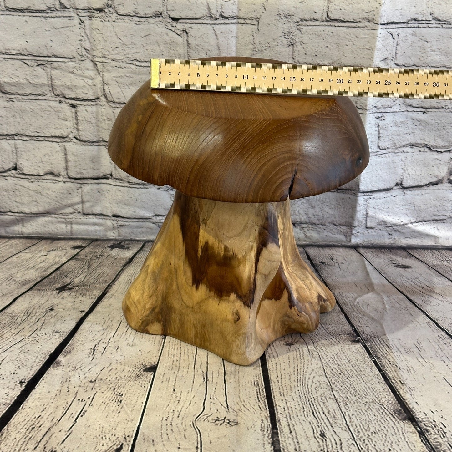 30cm x 25cm Wooden Mushroom Toadstool Sculpture Garden Teak Root Ornament Carved