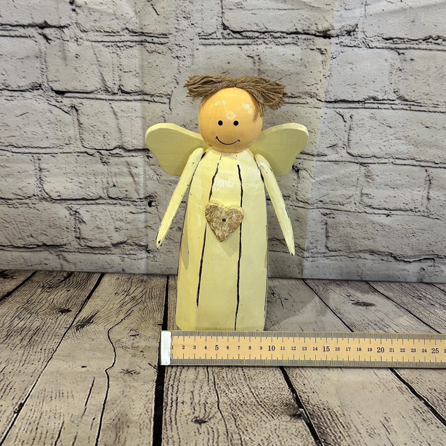 25cm x10cm White Cream Angel Gold Heart Handcrafted Wood Xmas Christmas Ornament