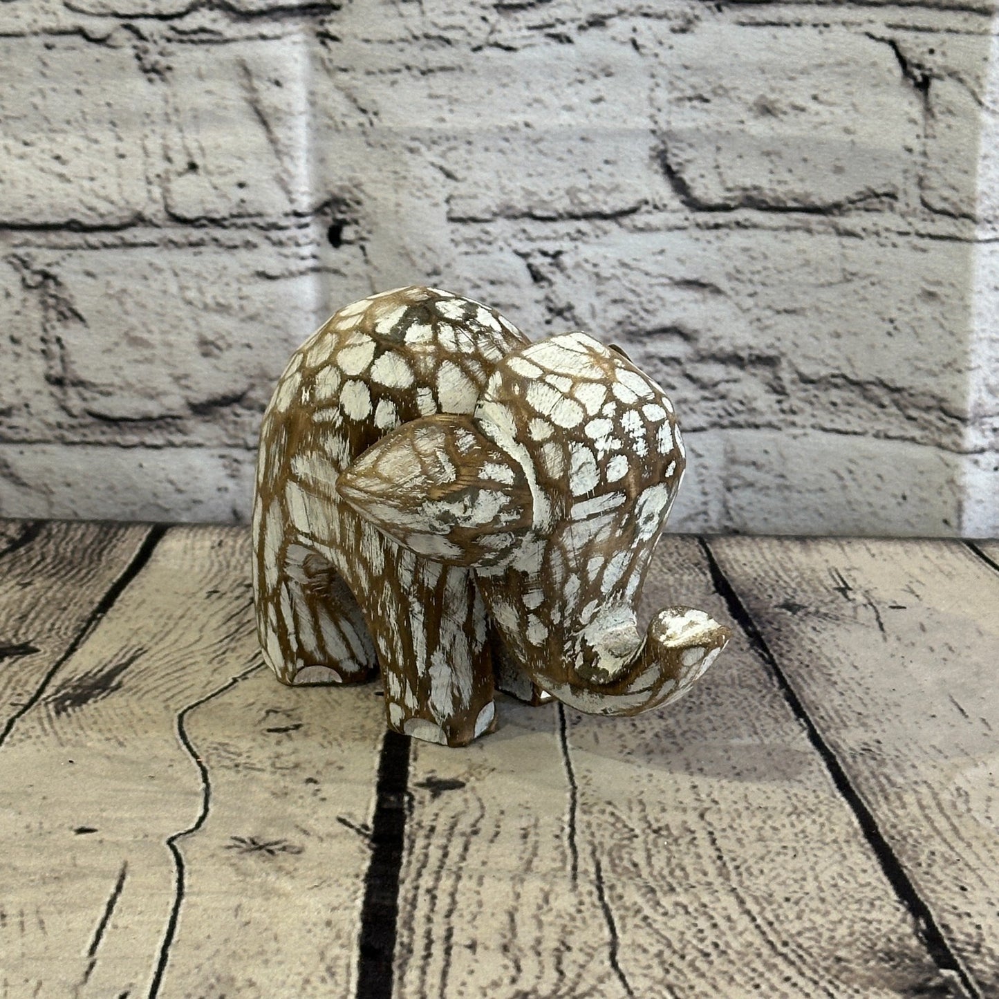 Brown Wooden Elephant With Shabby Pattern 10cm x 10cm Handmade and Fairtrade
