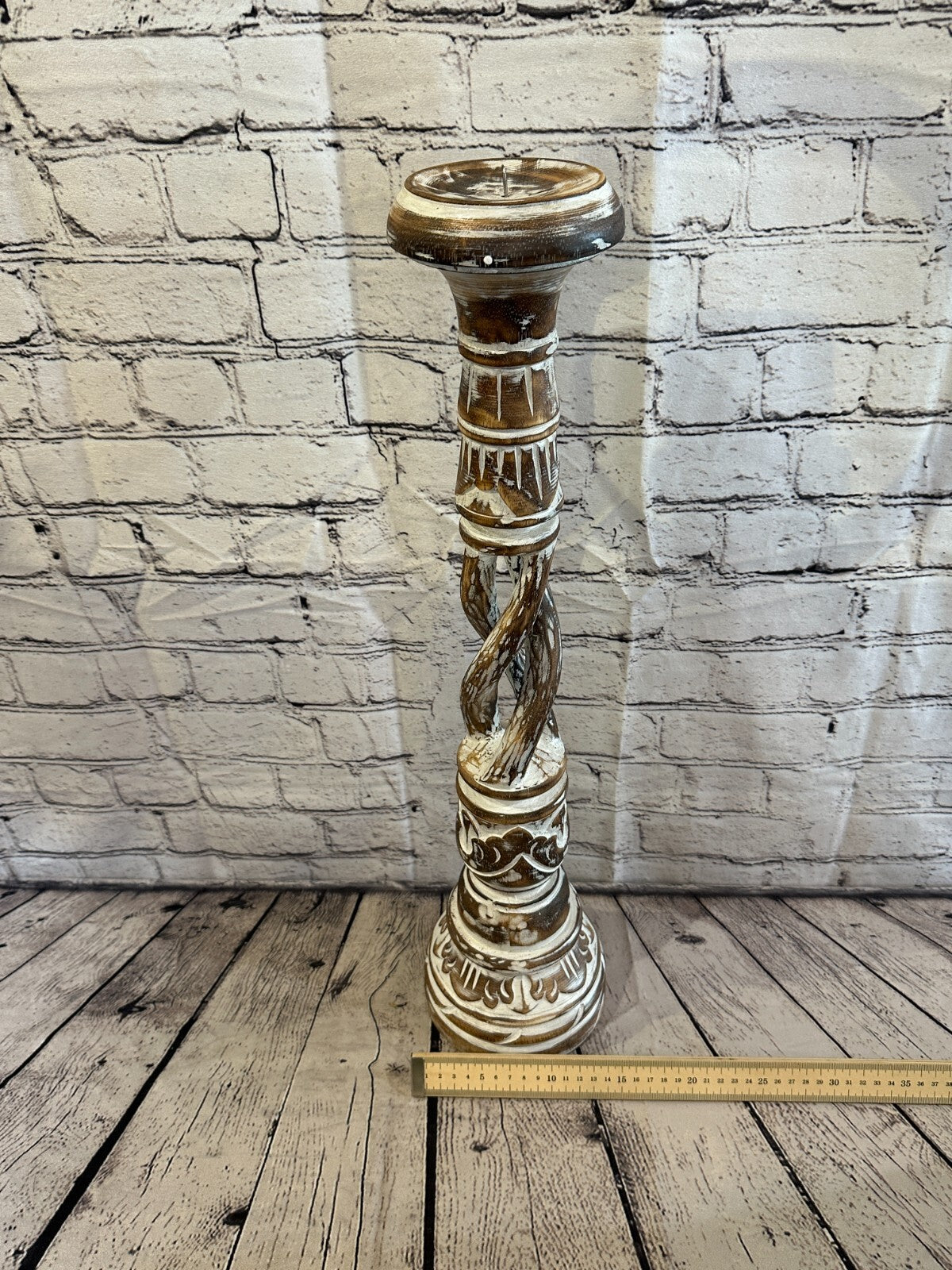60cm Brown Tall Candlestick Shabby Chic Distressed Twist Column Candle Holder