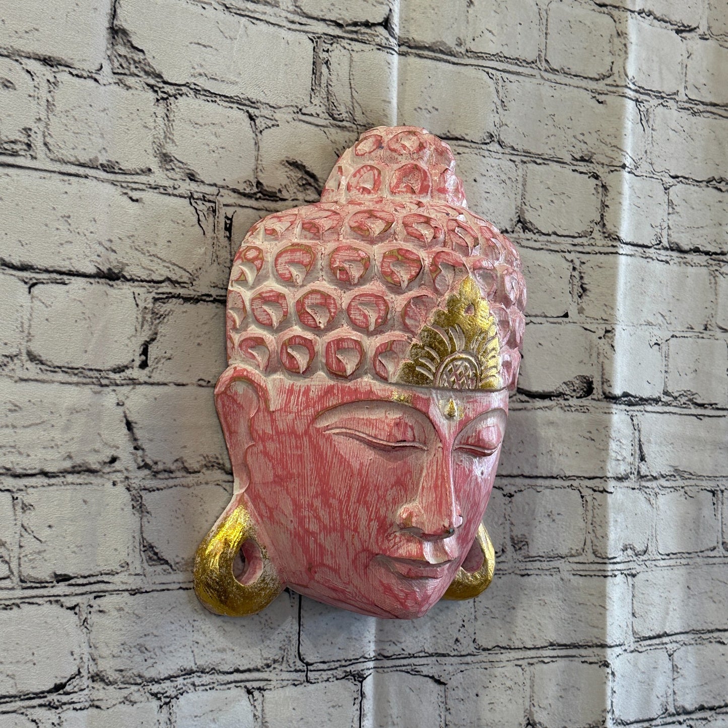 30cm x 20cm Pink Buddha Head Mask Wooden Hanging Statue Figurine Ornament
