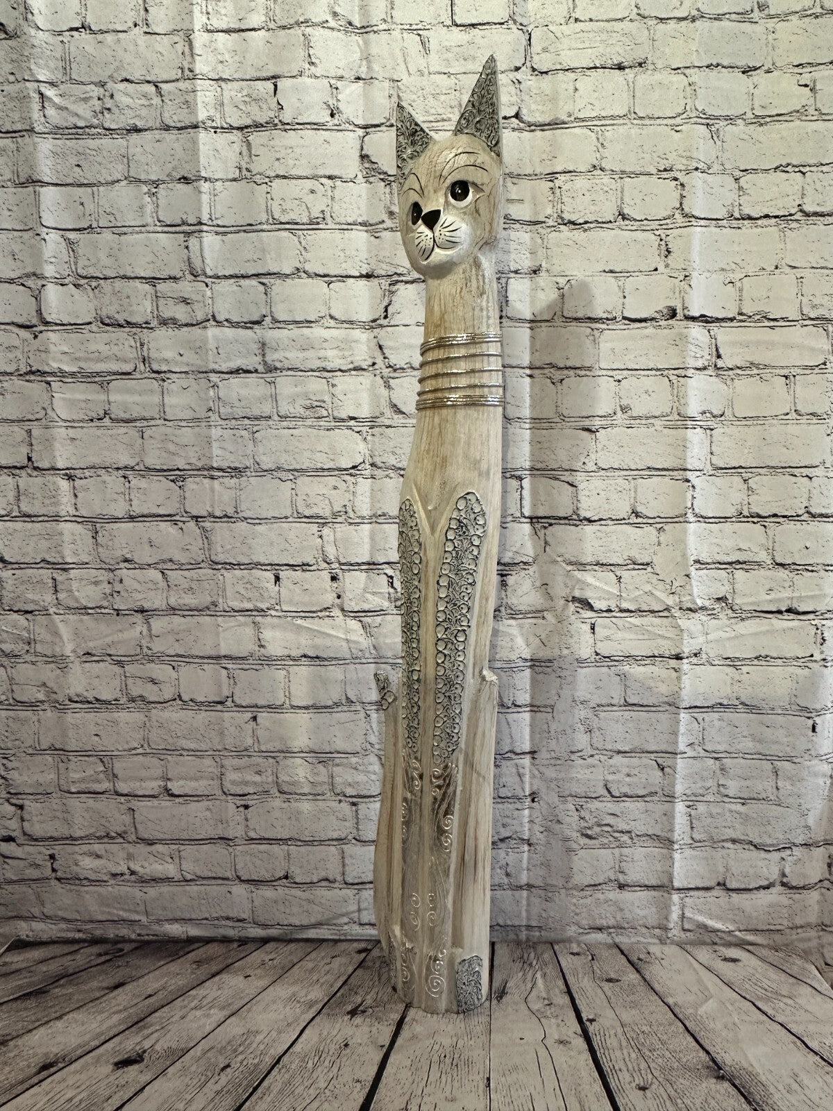 100cm White Swirl Flower Wooden Shabby Cat Statue Ornament Fair Trade Handcarved