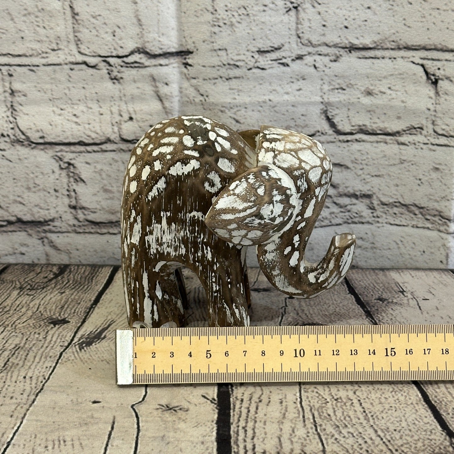 Brown Wooden Elephant With Shabby Pattern 12cm x 12cm Handmade and Fairtrade