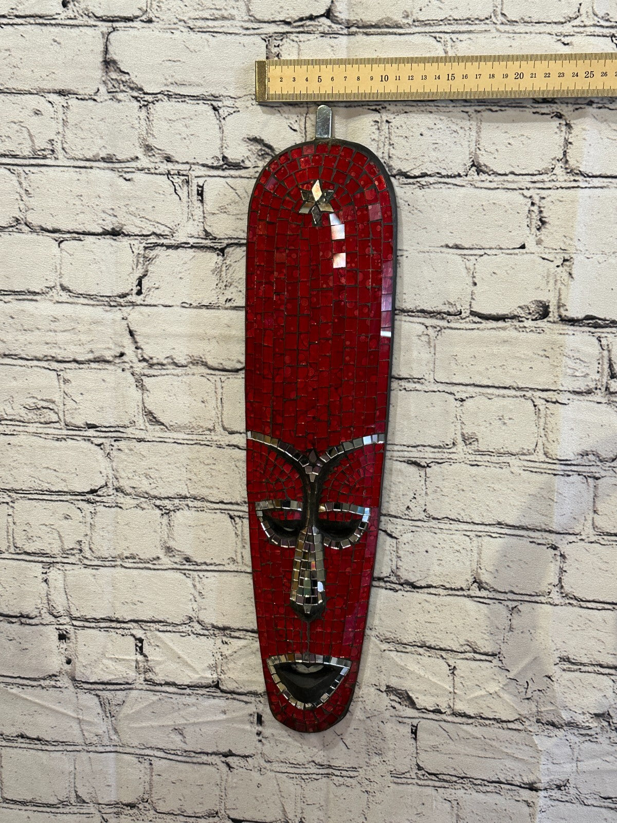 50cm Red Mosaic Mirror Mask Carved Painted Ethnic Tribal Wall Art Handmade