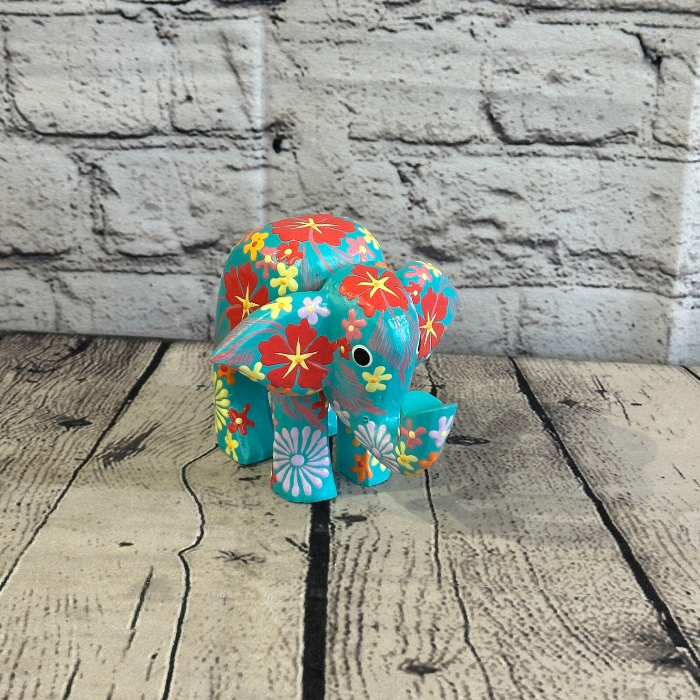 Blue Wooden Elephant With Flower Pattern 10cm x 12cm Handmade and Fairtrade
