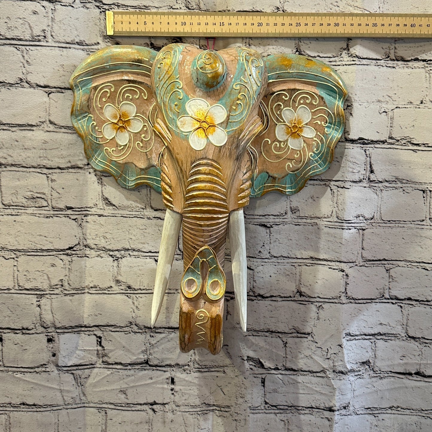 40cm x 35cm Green Flower Painted Wood Elephant Head Wall Mounted Art Shabby