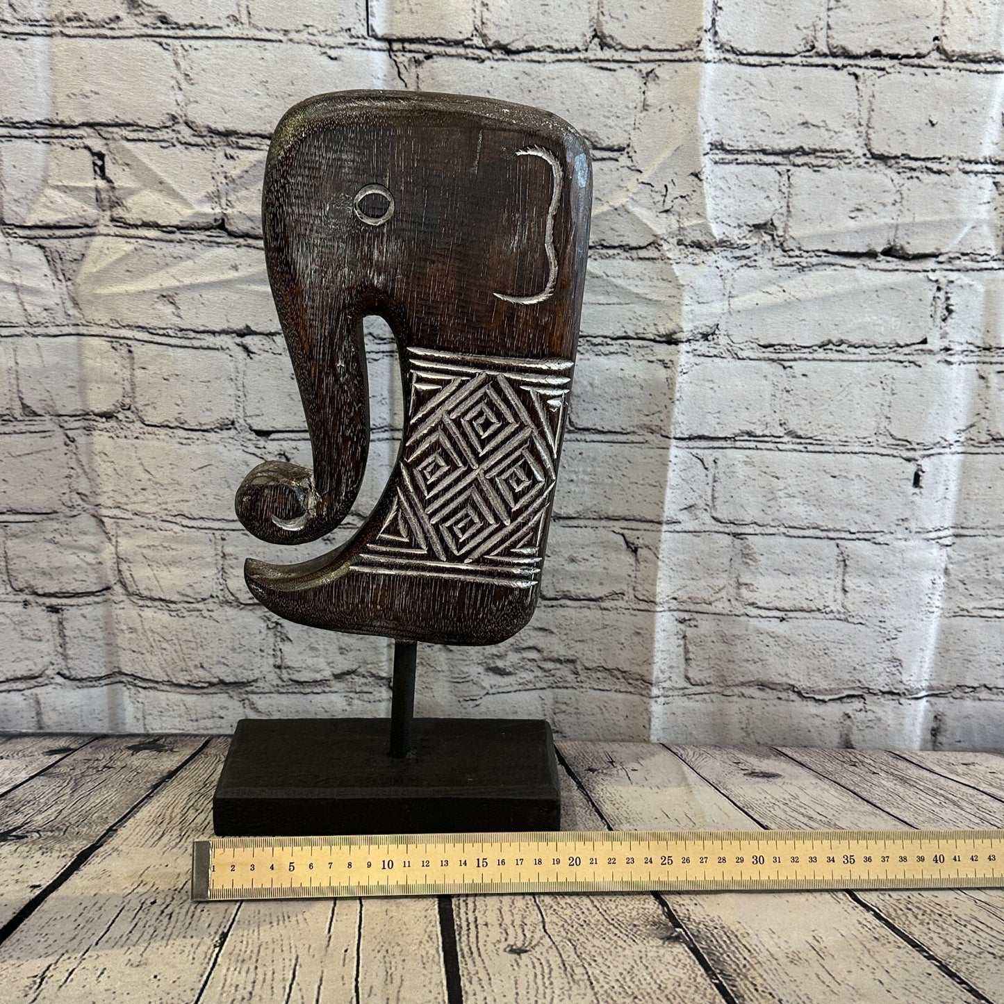 40cm x 20cm Wooden Tribal Primitive Black Elephant Head Stand Sculpture Statue