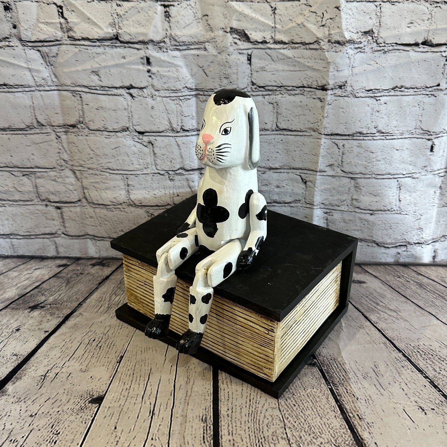 20cm Black White Dog Sitting Animal, Wooden Shelf Ornament Handmade & Fairtrade