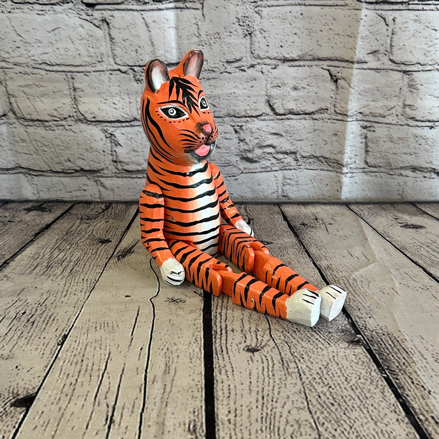 20cm Orange Tiger Sitting Animal, Wooden Shelf Ornament Handmade & Fairtrade