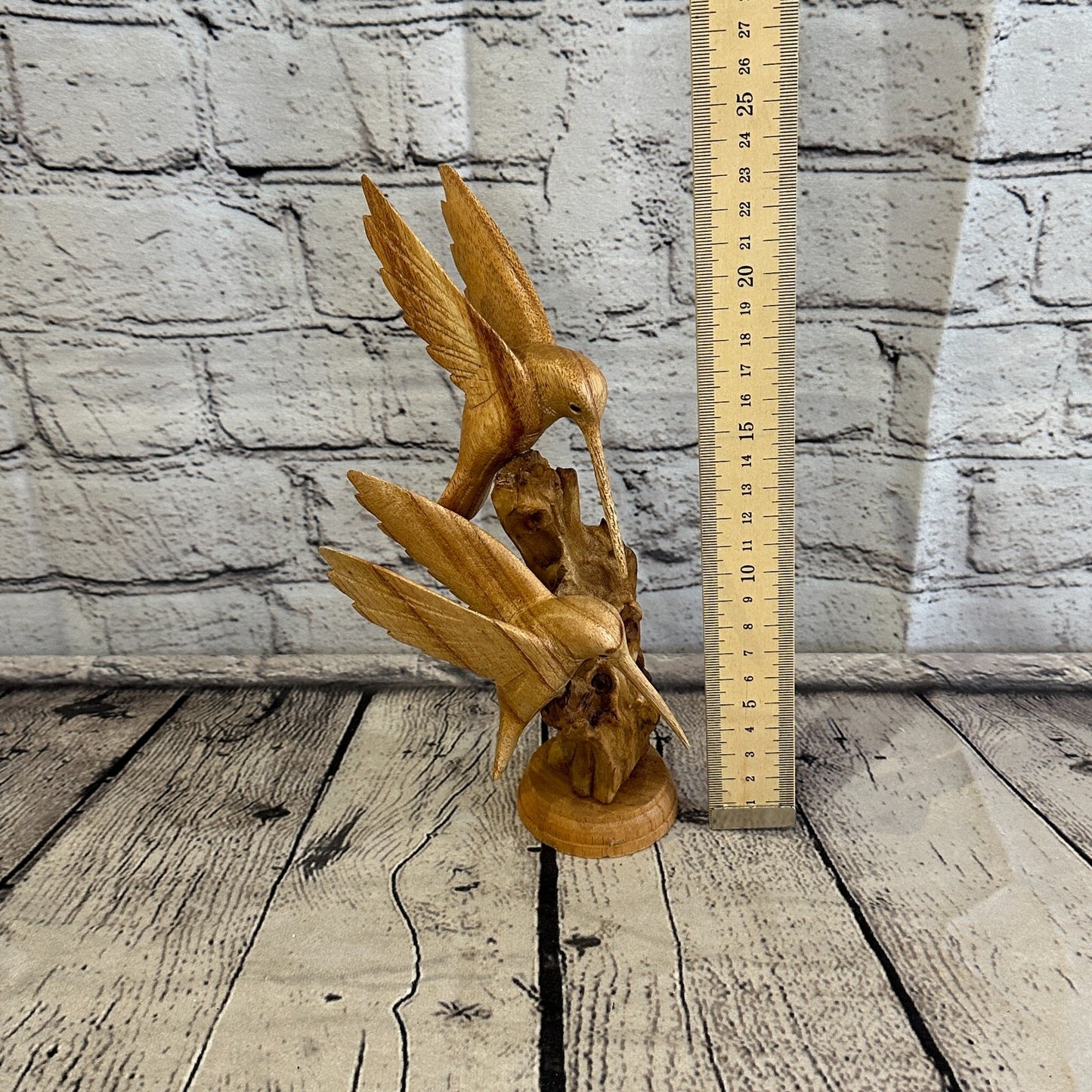 25cm Double Humming Bird Mushroom Parasite Ornament Natural Carving Wooden