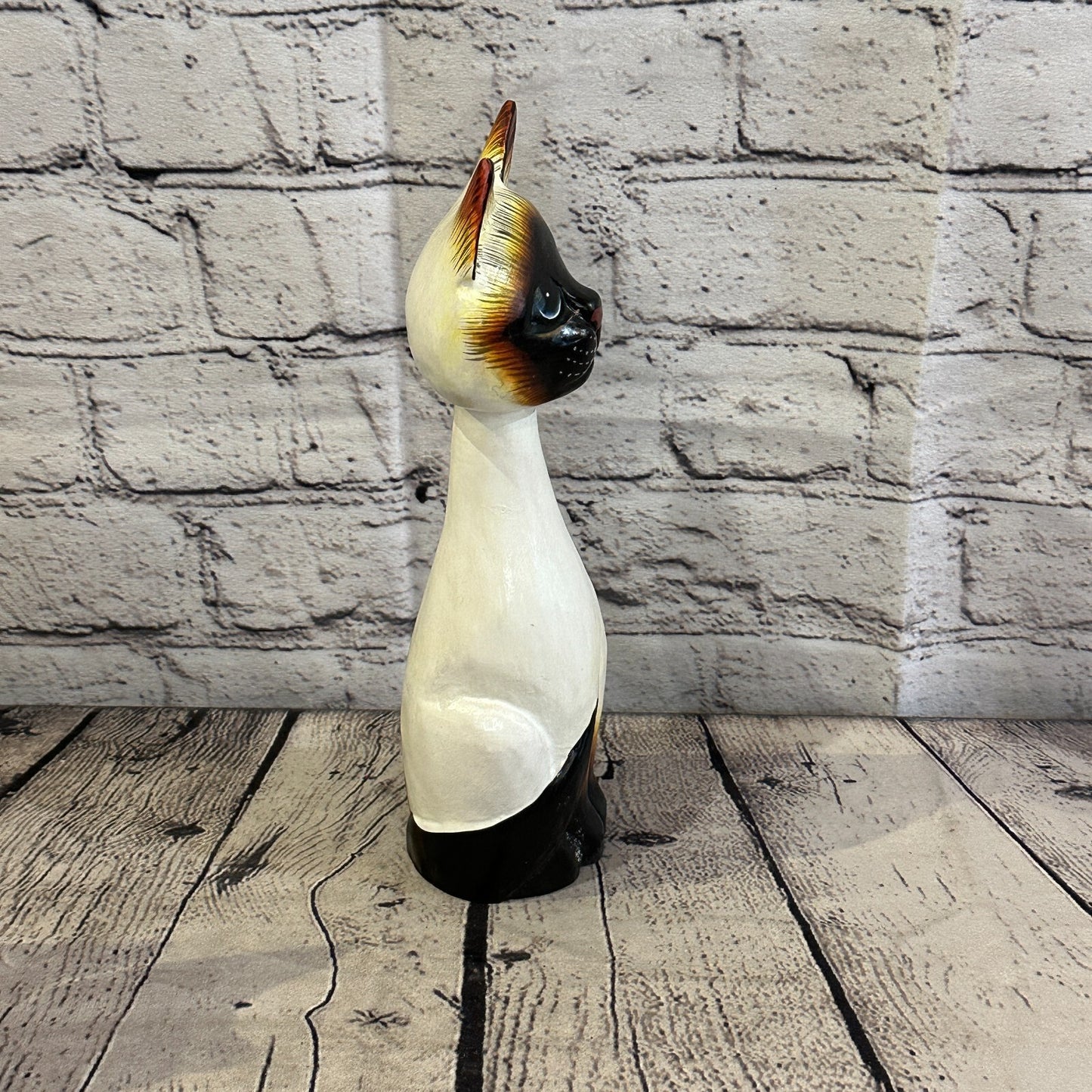 25cm x 7cm Siamese Sitting Bobble Style Painted Wooden Hand Carved Cat Wooden