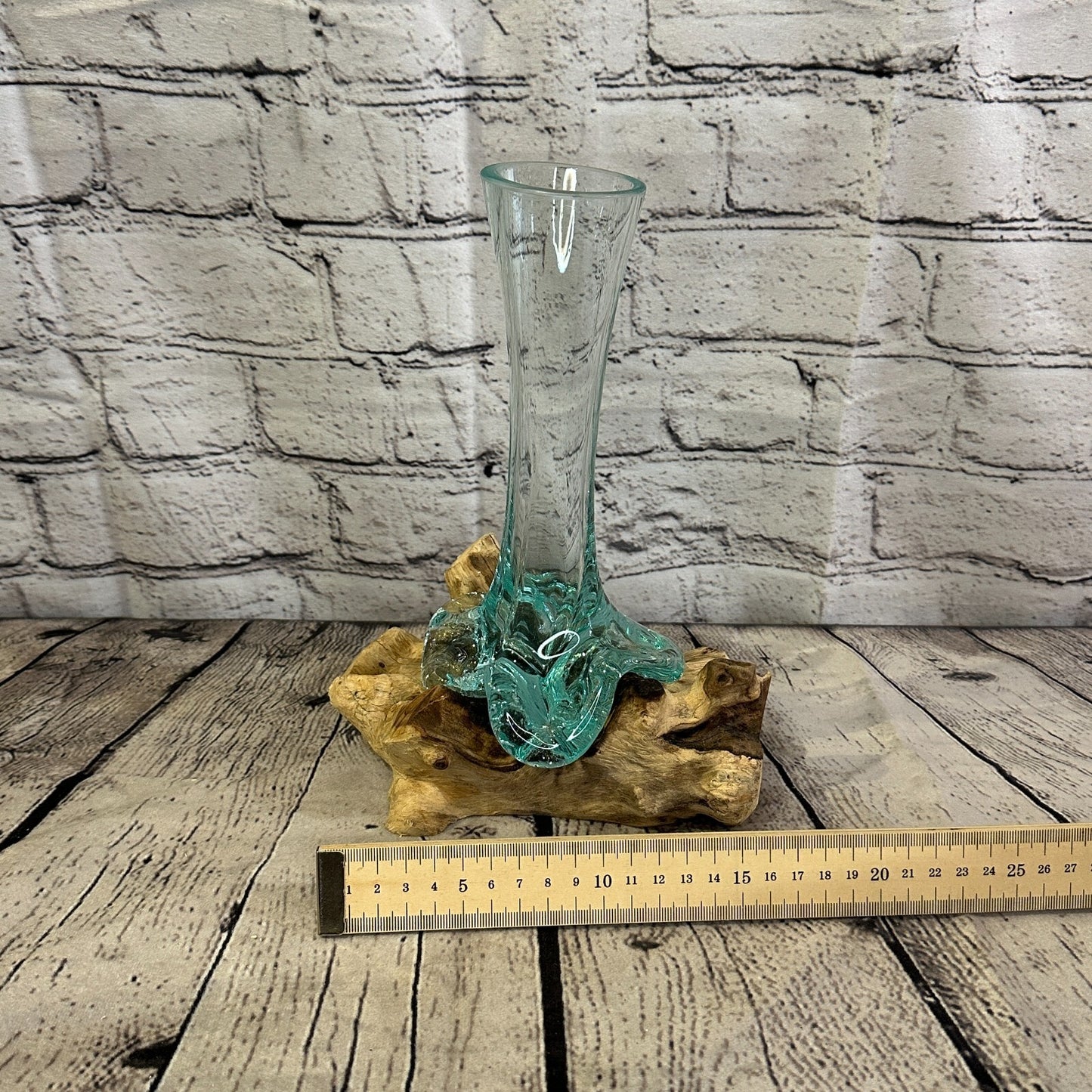 25cm x 15cm Molten Glass Round Vase Natural Root Wood Base Stand Decor Ornament