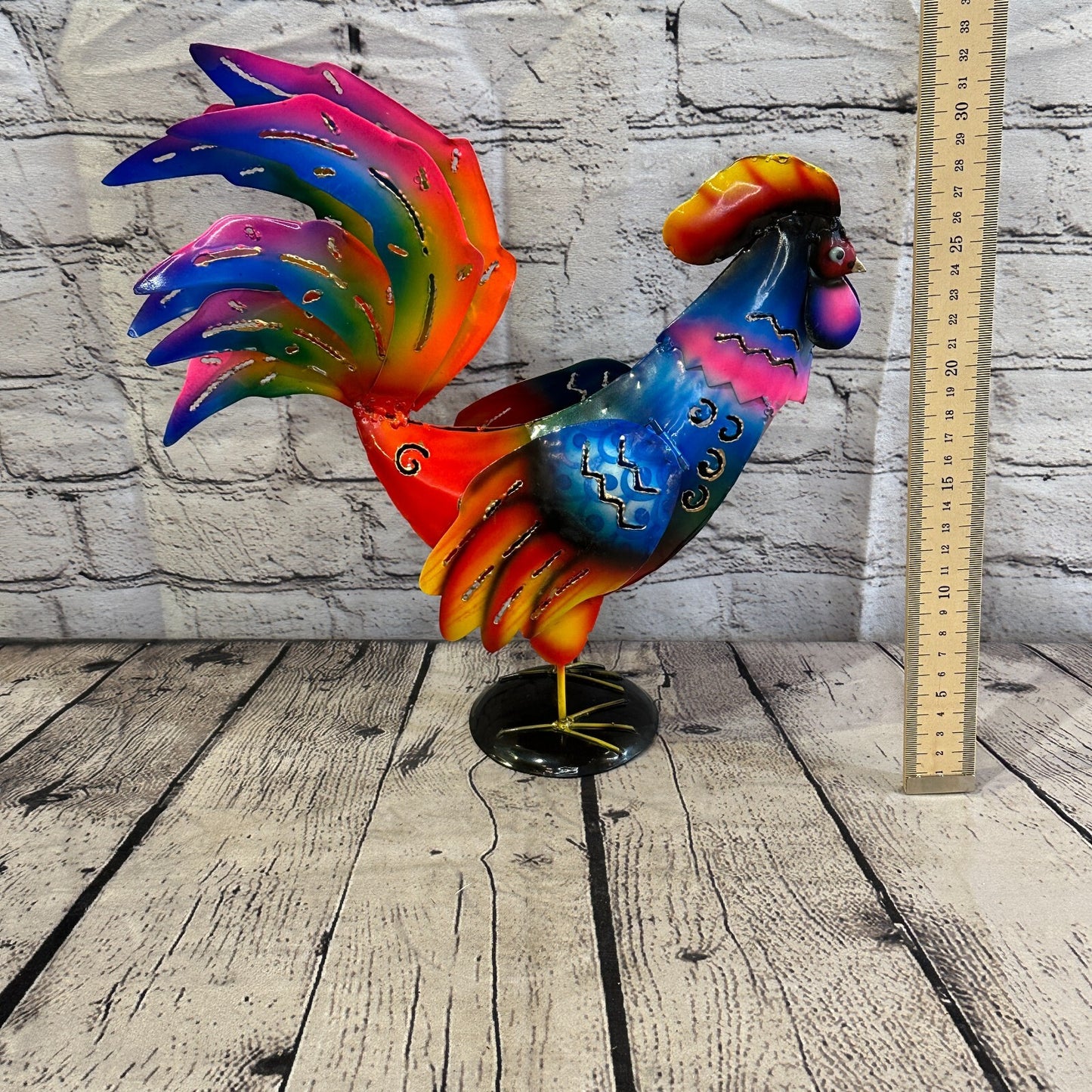 40cm x 25cm Blue Vibrant Metal Chicken Ornament Painted Statue Candle Holder
