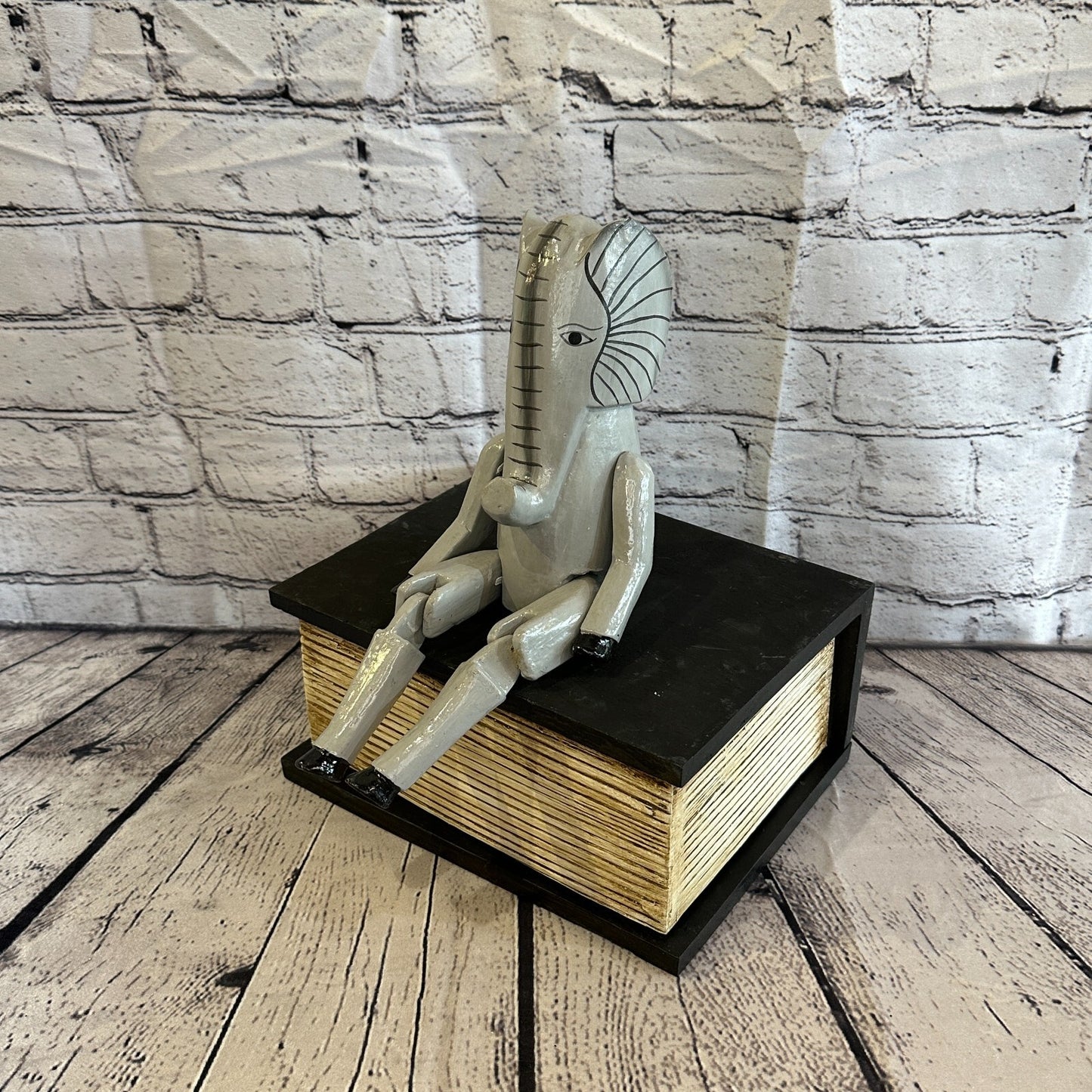 20cm Grey Elephant Sitting Animal, Wooden Shelf Ornament Handmade & Fairtrade