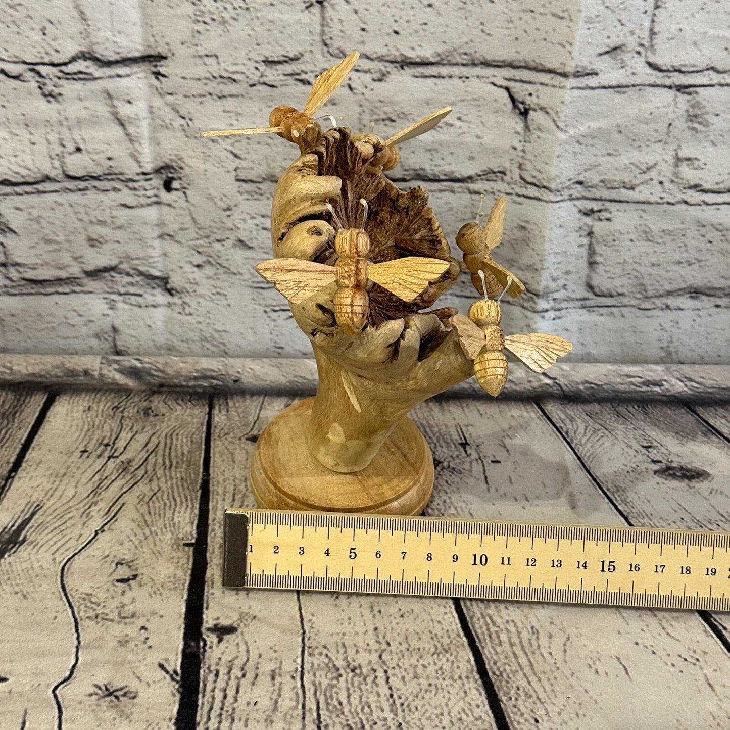 5 Bees Honeycomb Mushroom Parasite Wood Ornament Natural Carving Wooden Standing