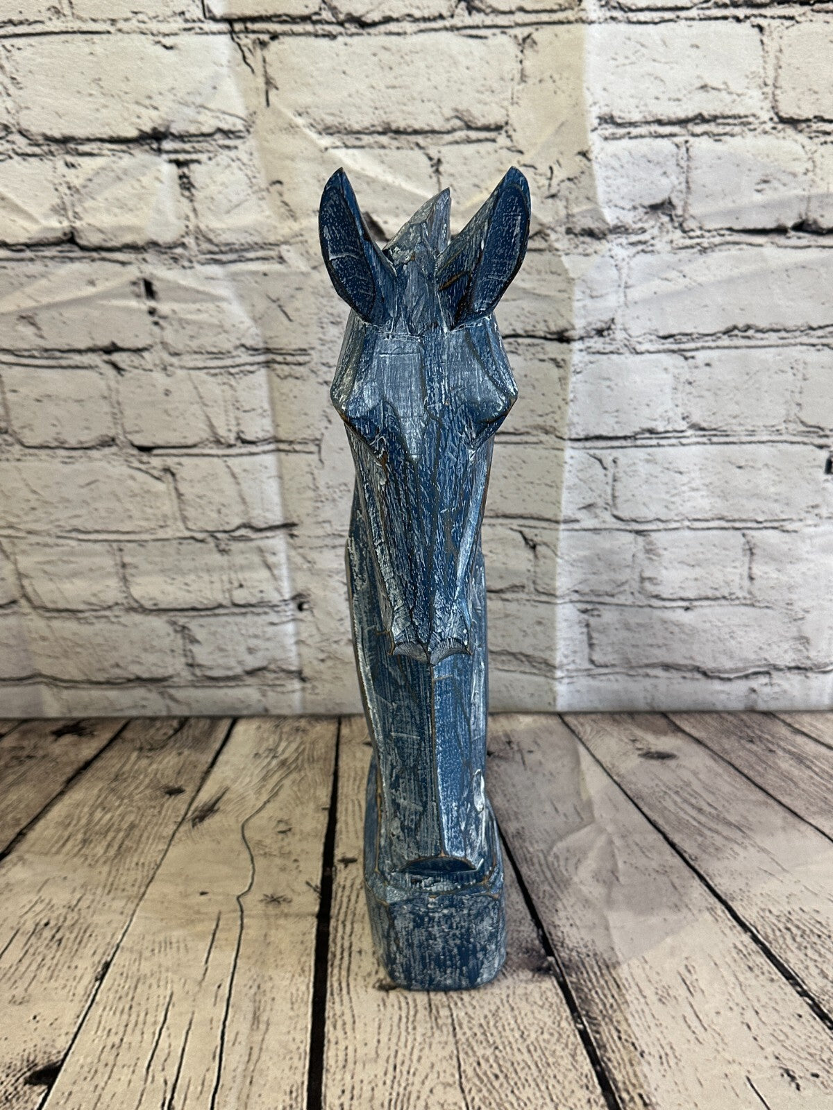 Blue Wooden 40cm x 20cm Horse Head Bust Hand Carved Wood Sculpture