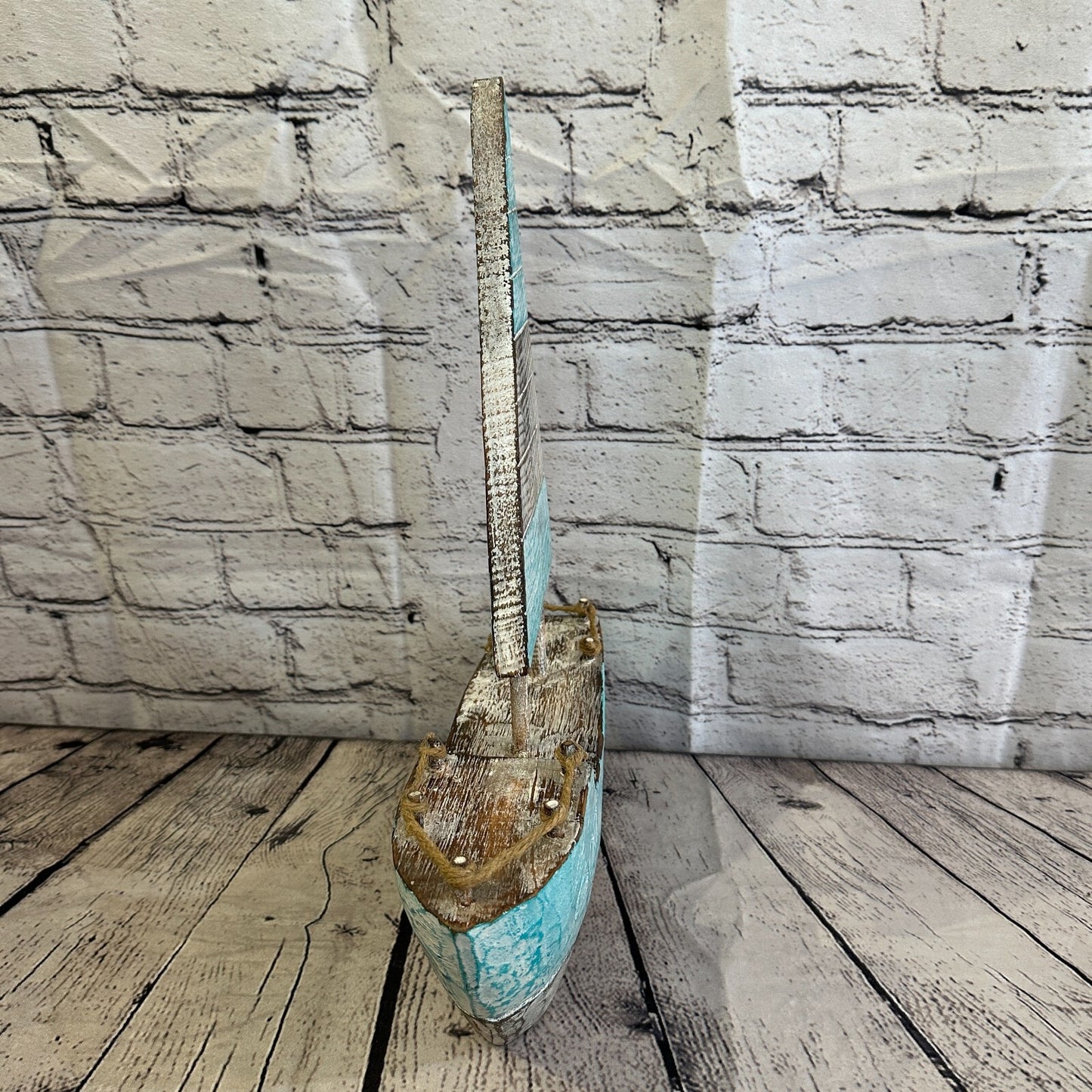 40cm Rustic Wooden Brown & Green Sailing Boat Nautical Ornament Sculpture Decor