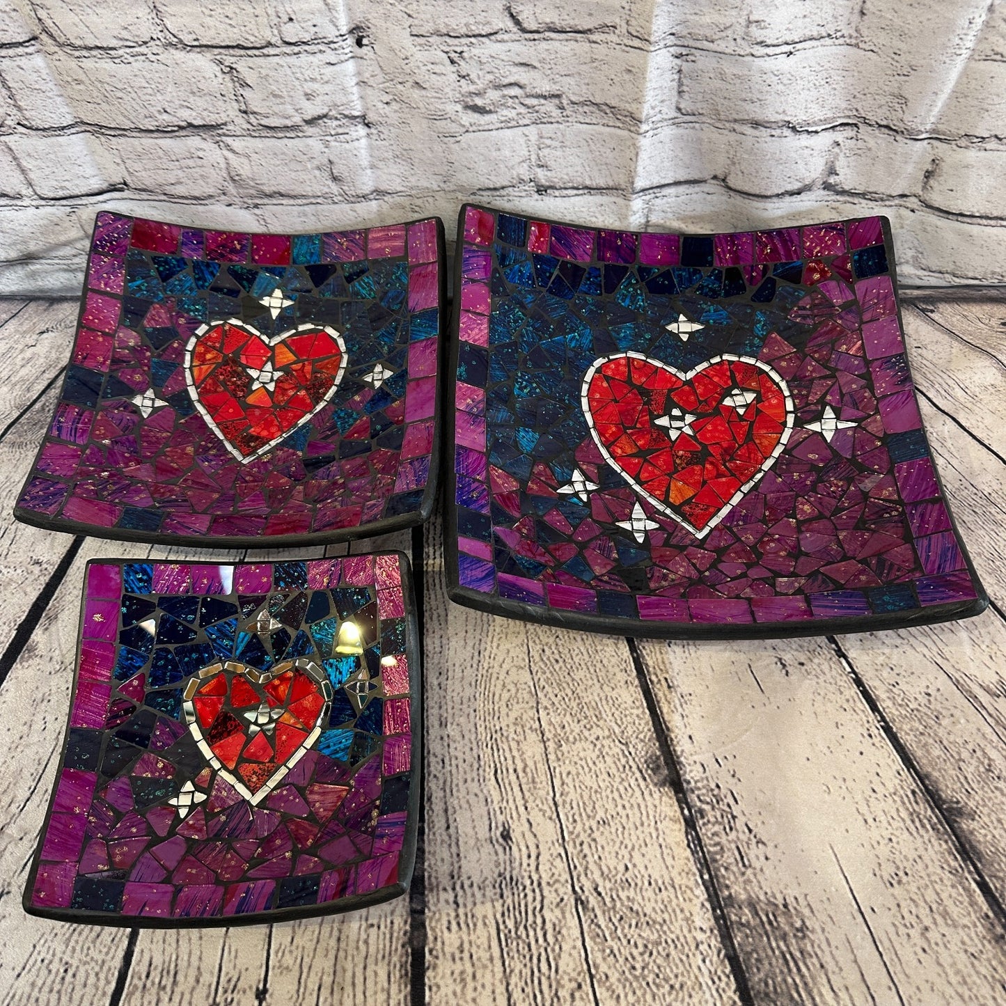 20cm Purple Red Heart Square Mosaic Handmade Ceramic Glass Tile Bowl Fruit
