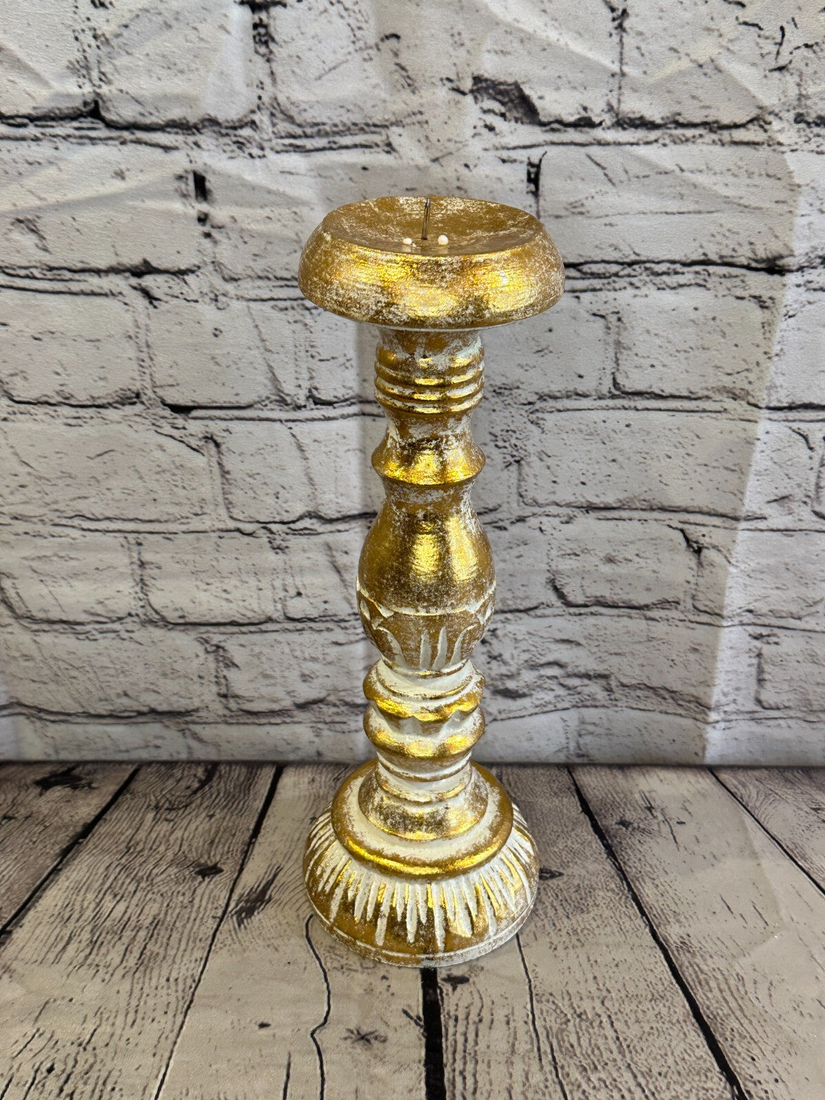 30cm Gold Tall Candlestick Shabby Chic Distressed Solid Column Candle Holder
