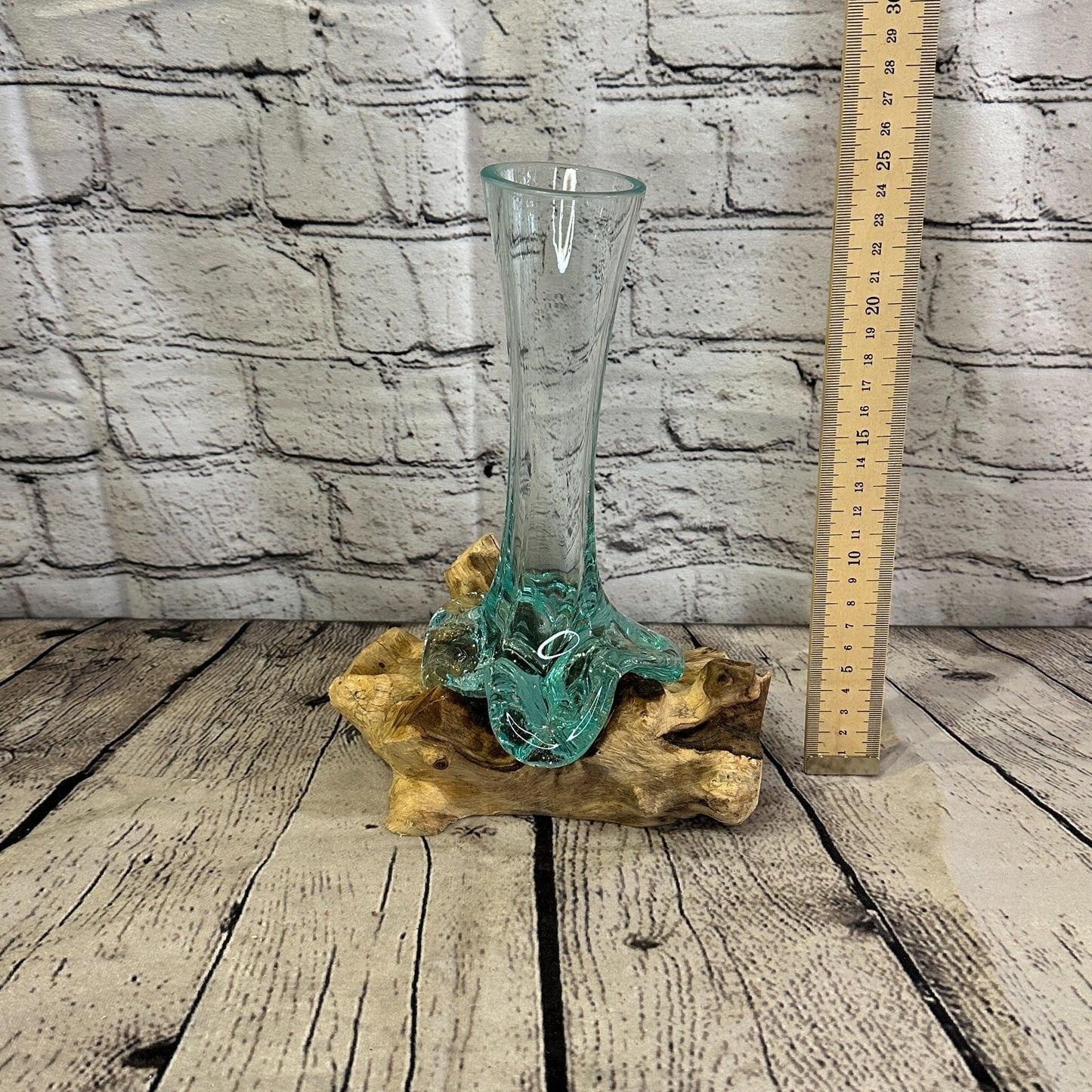 25cm x 15cm Molten Glass Round Vase Natural Root Wood Base Stand Decor Ornament