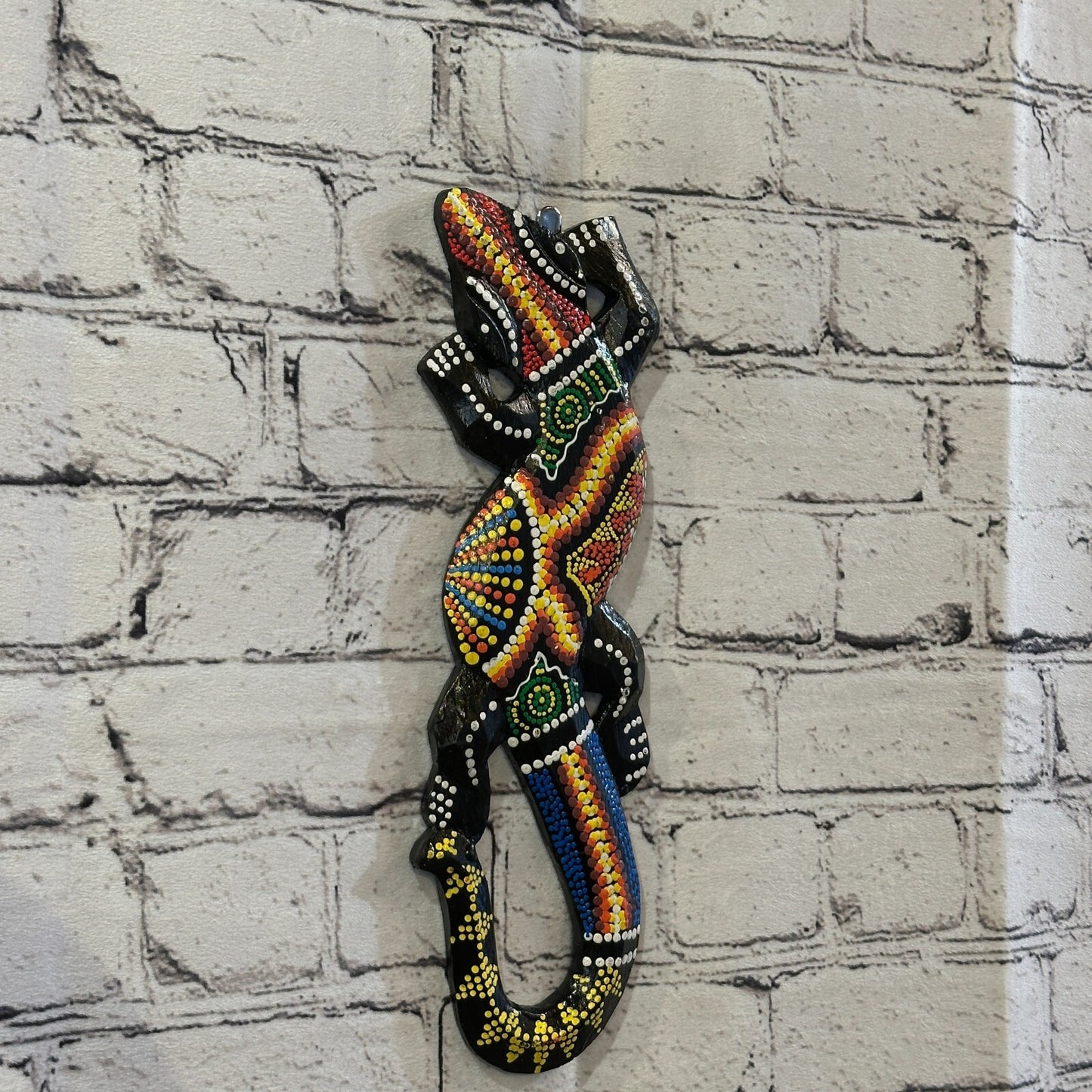 30cm Gecko Carved Wooden Dot Painted Ethnic Tribal Tiki Wall Handmade No 4