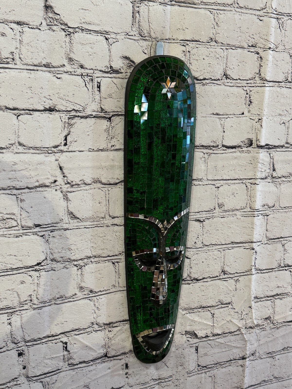 50cm Green Mosaic Mirror Mask Carved Painted Ethnic Tribal Wall Art Handmade