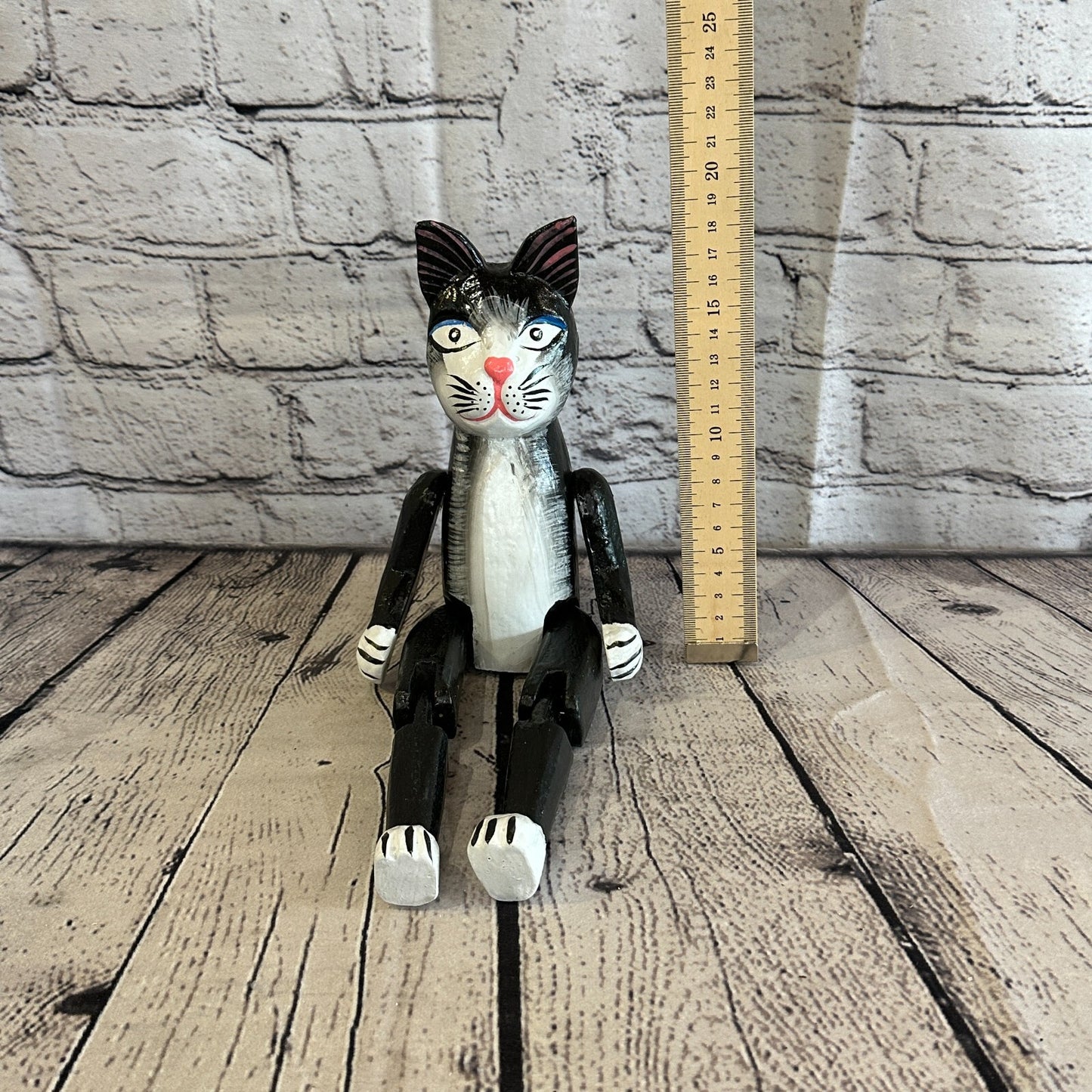 20cm Black Cat Sitting Animal, Wooden Shelf Ornament Handmade & Fairtrade