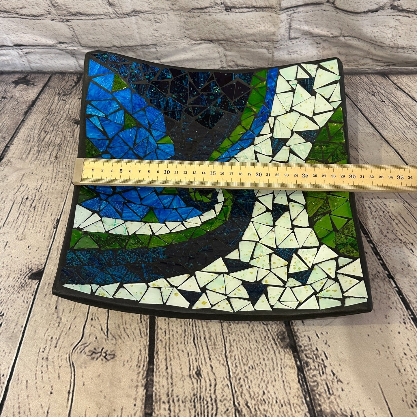 30cm Blue Green Swirl Square Mosaic Handmade Ceramic Glass Tile Bowl Fruit