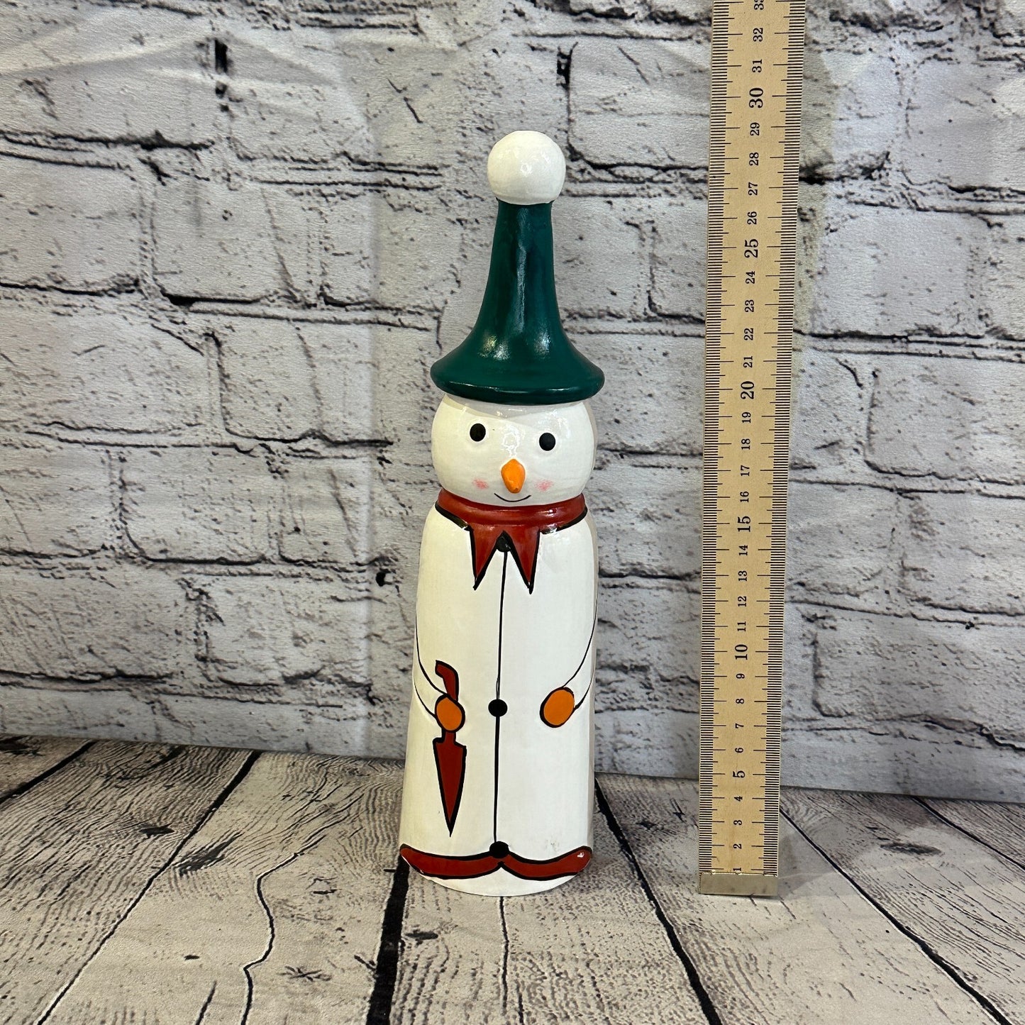 28cm x 8cm Green Pointy Hat Snowman Handcrafted Wood Xmas Christmas Ornament