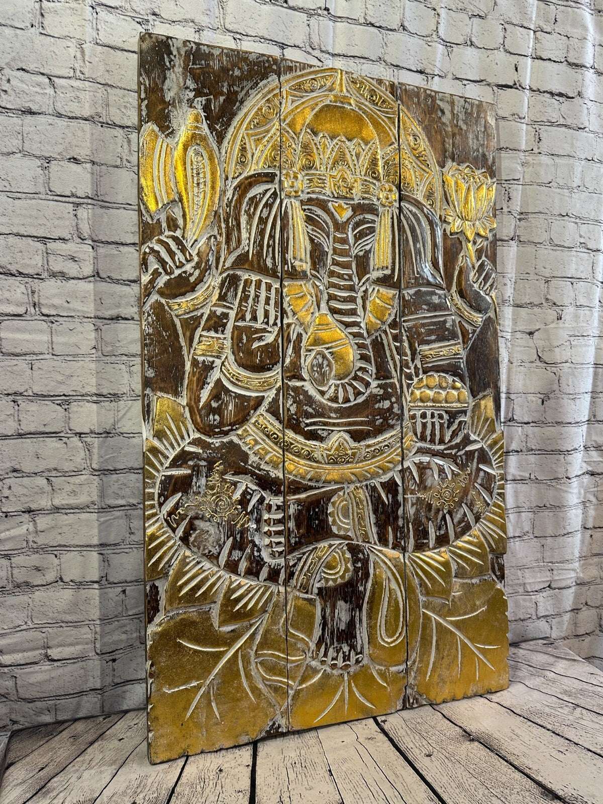 100cm x 60cm Ganesha Brown Gold Wooden Wood Panel Wall Art Plaque Handcarved