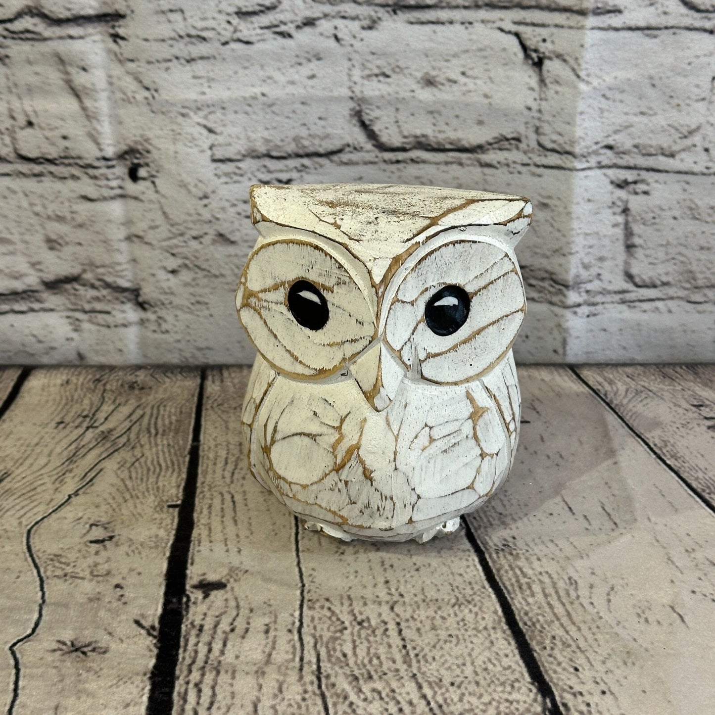 12cm x 10cm White Flower Wooden Shabby Owl Statue Ornament Fair Trade Handcarved