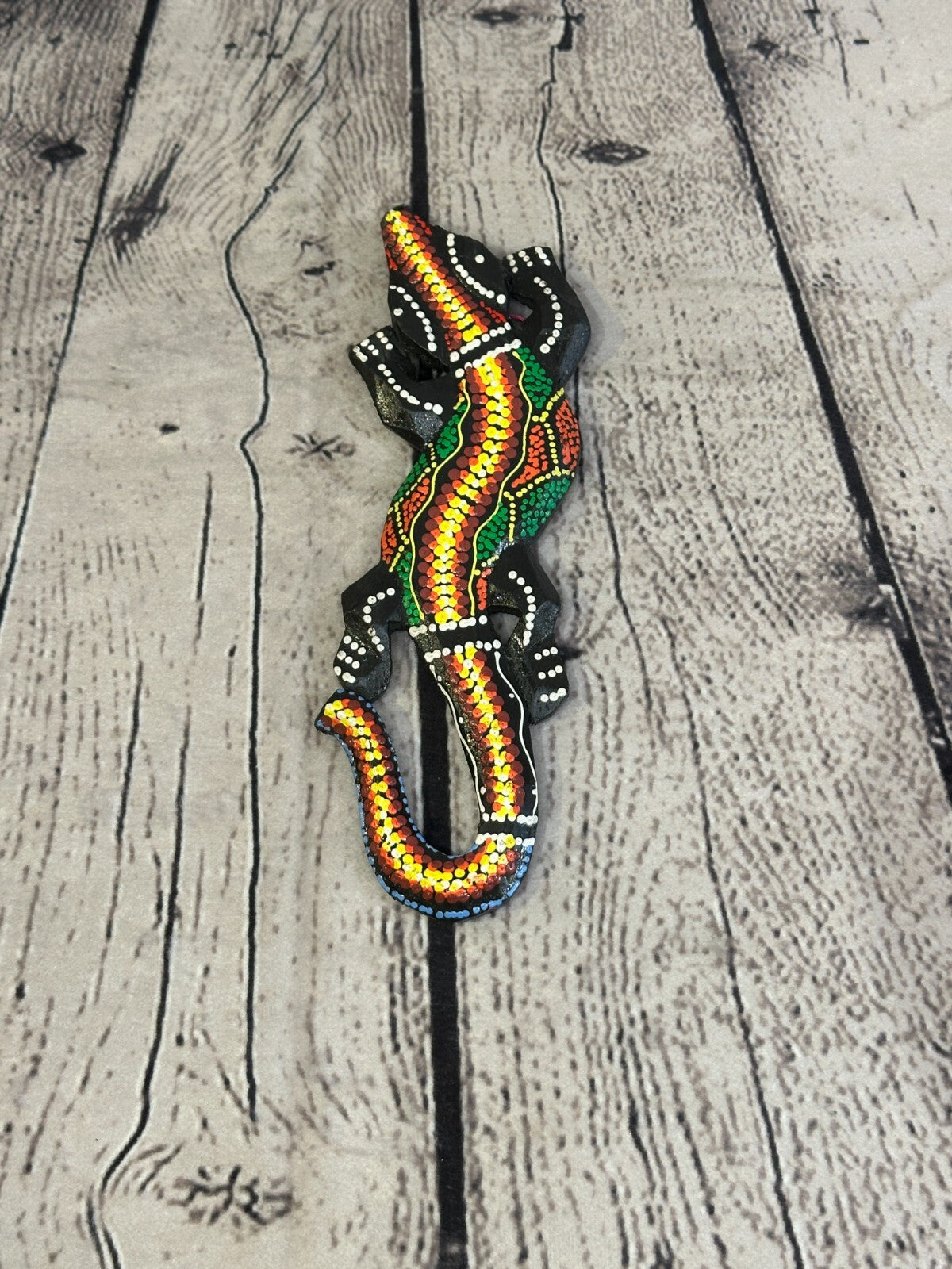 20cm Gecko Carved Wooden Dot Painted Ethnic Tribal Tiki Wall Handmade No 13