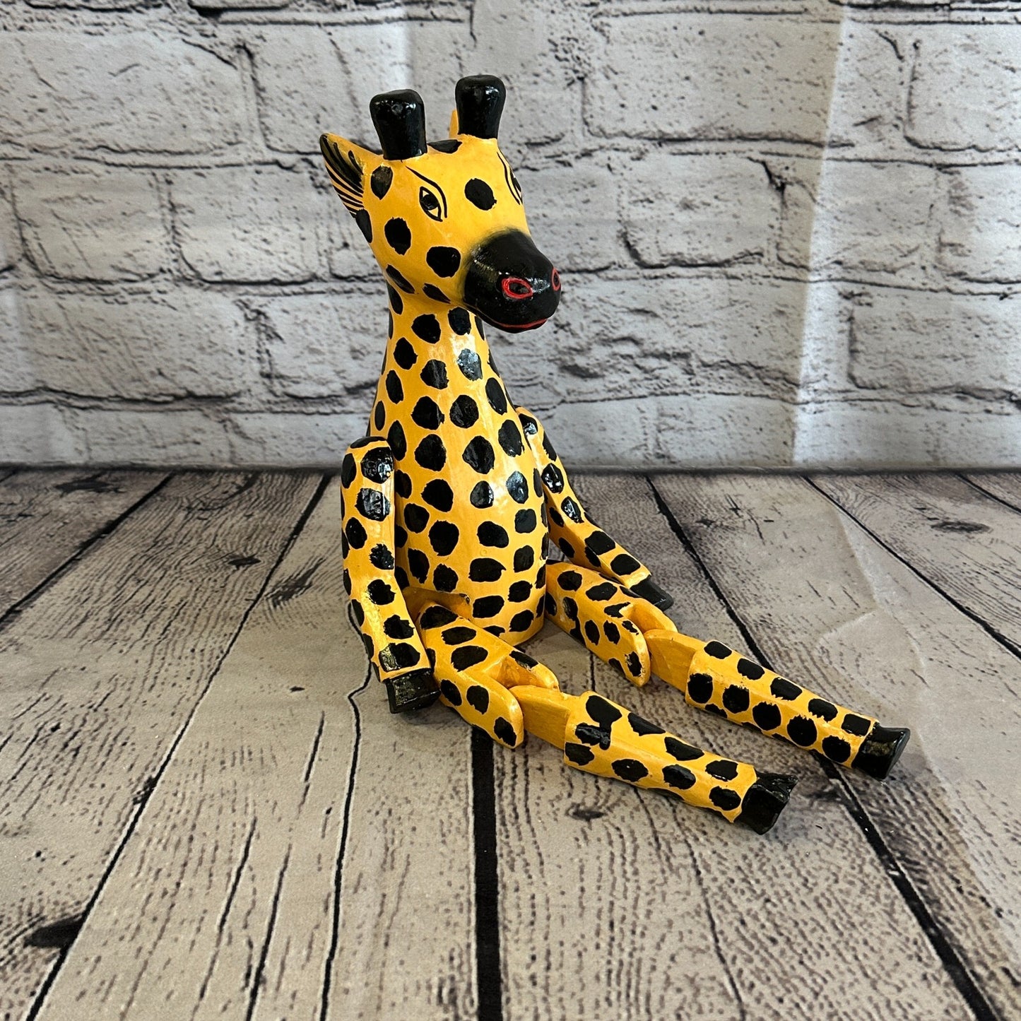 20cm Orange Giraffe Sitting Animal, Wooden Shelf Ornament Handmade & Fairtrade