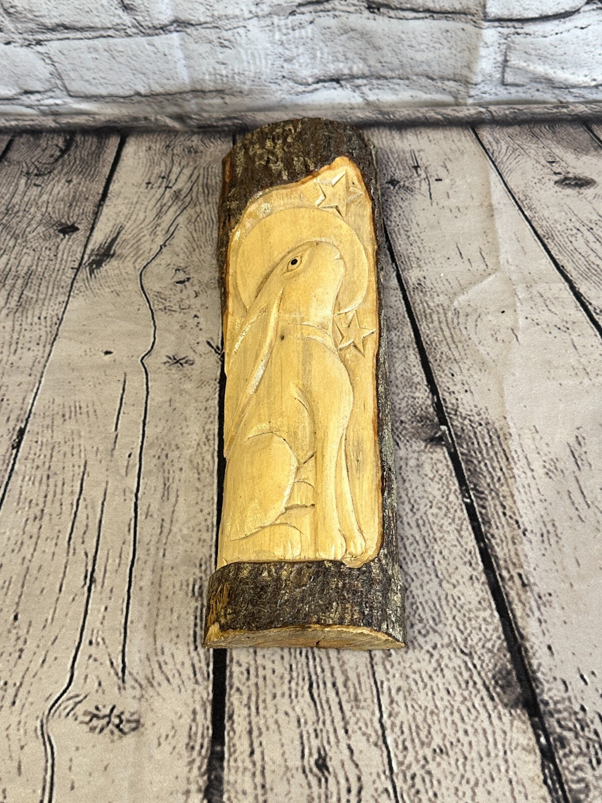 Hare With Moon Of The Woods 30cm Hand Carved Wizard Tree Trunk Wood Fairtrade