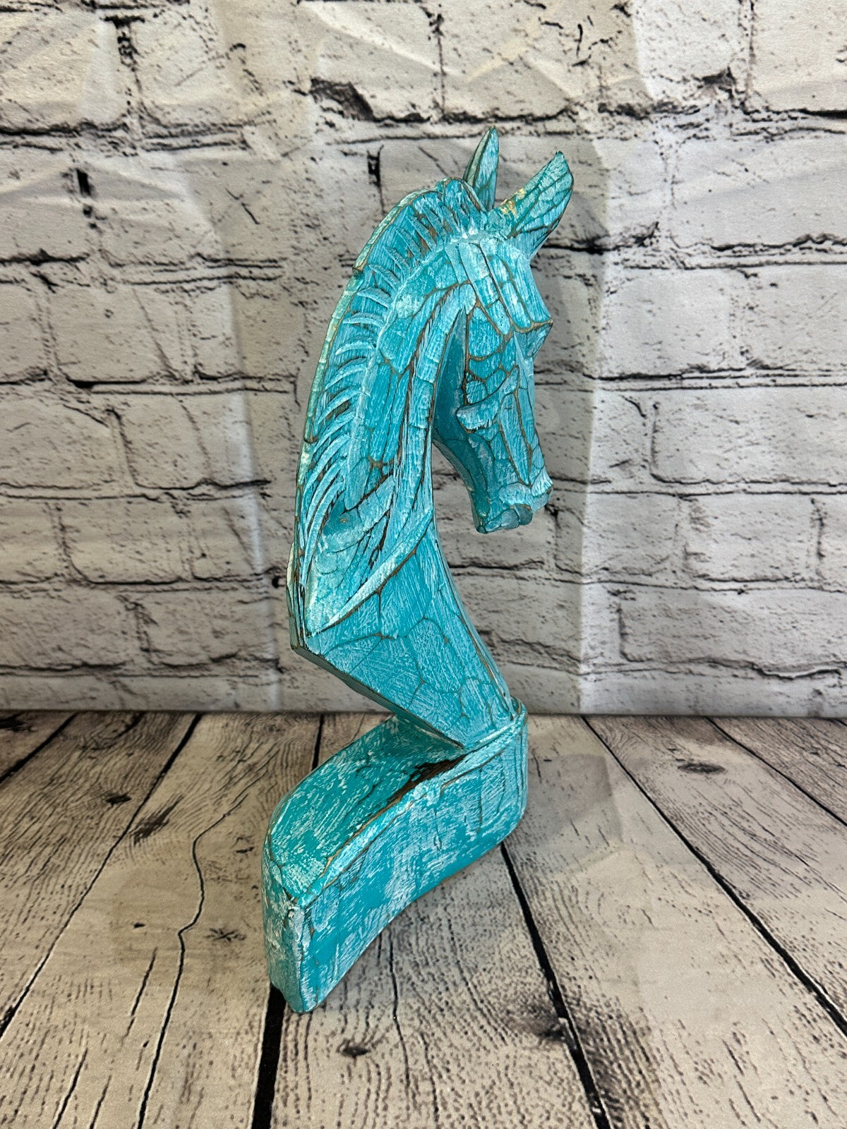 Green Wooden 30cm x 18cm Horse Head Bust Hand Carved Wood Sculpture