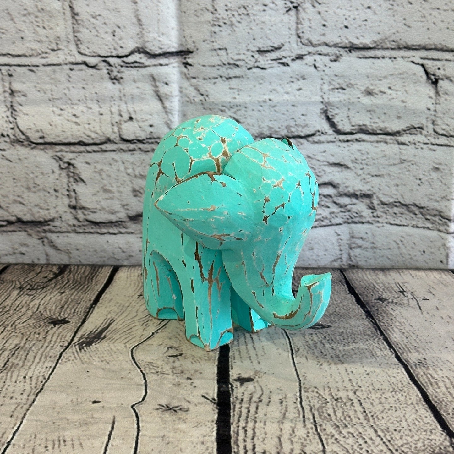 Green Wooden Elephant With Shabby Pattern 12cm x 12cm Handmade and Fairtrade