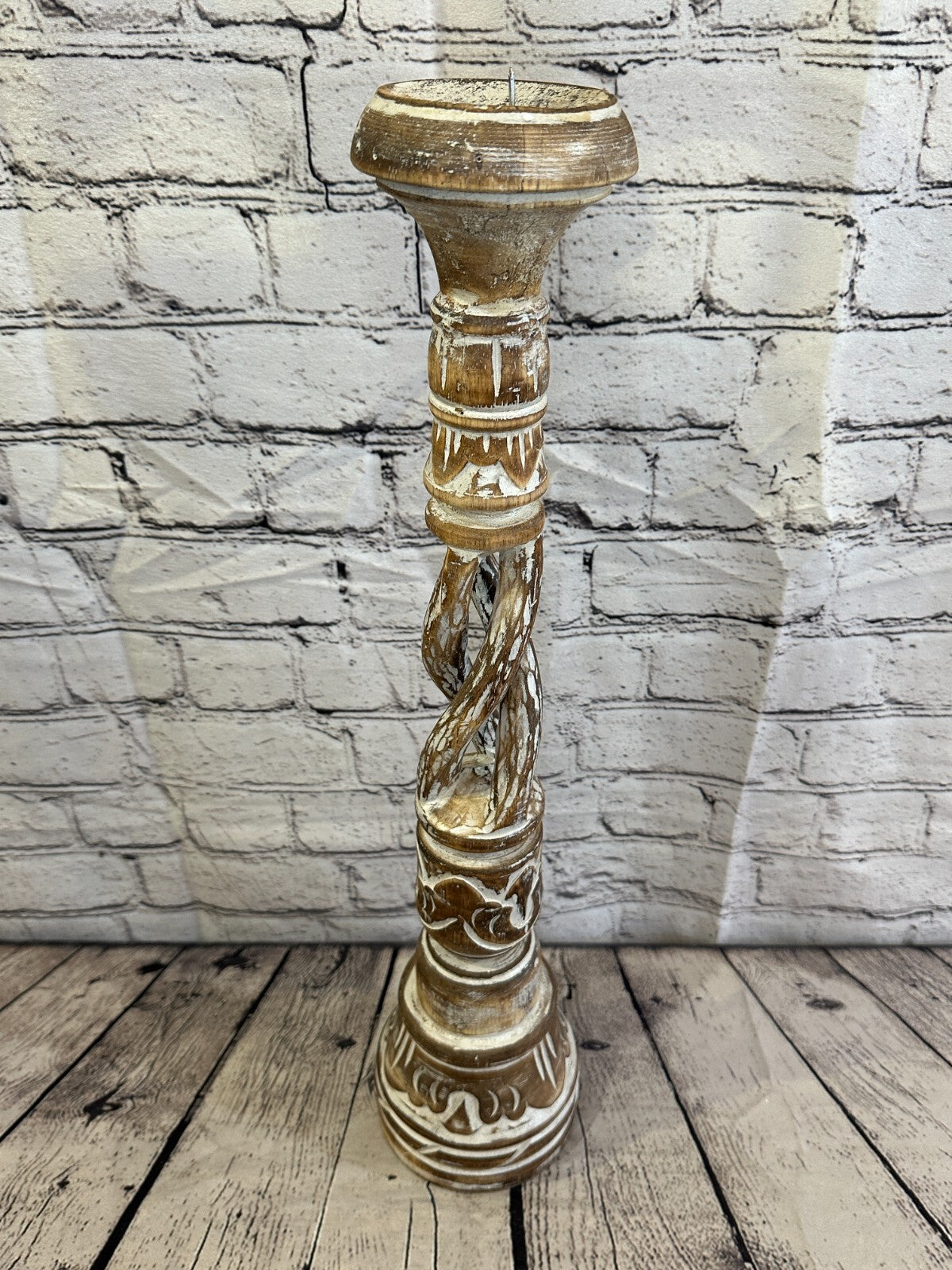 50cm Brown Tall Candlestick Shabby Chic Distressed Twist Column Candle Holder