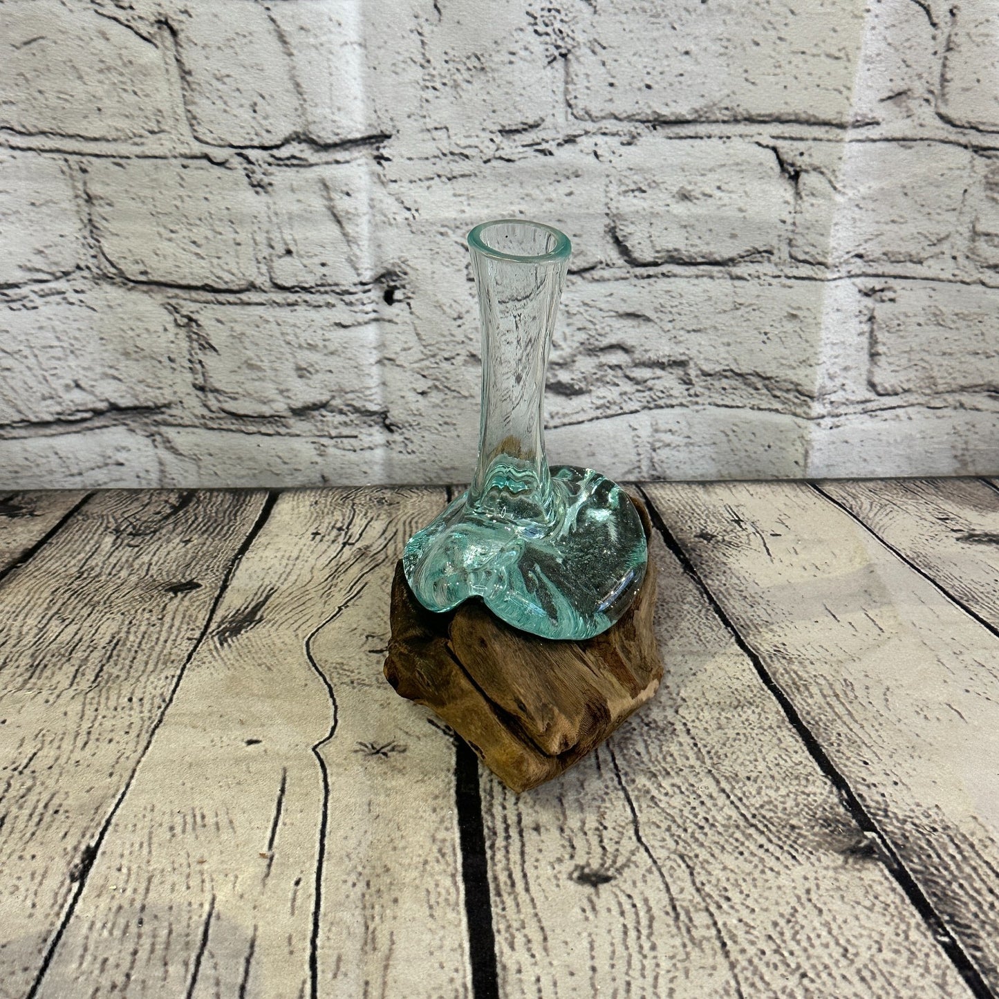 15cm x 10cm Molten Glass Round Vase Natural Root Wood Base Stand Decor Ornament