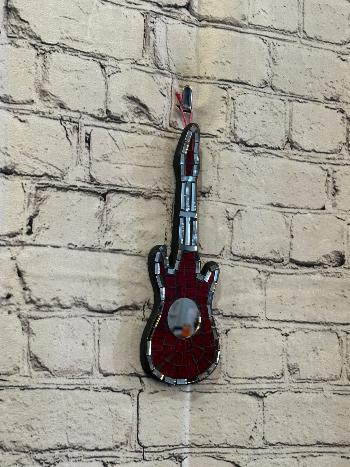 Bright Red Electric Guitar Mosaic Tile Wall Mirror 20cm x 8cm Handmade New