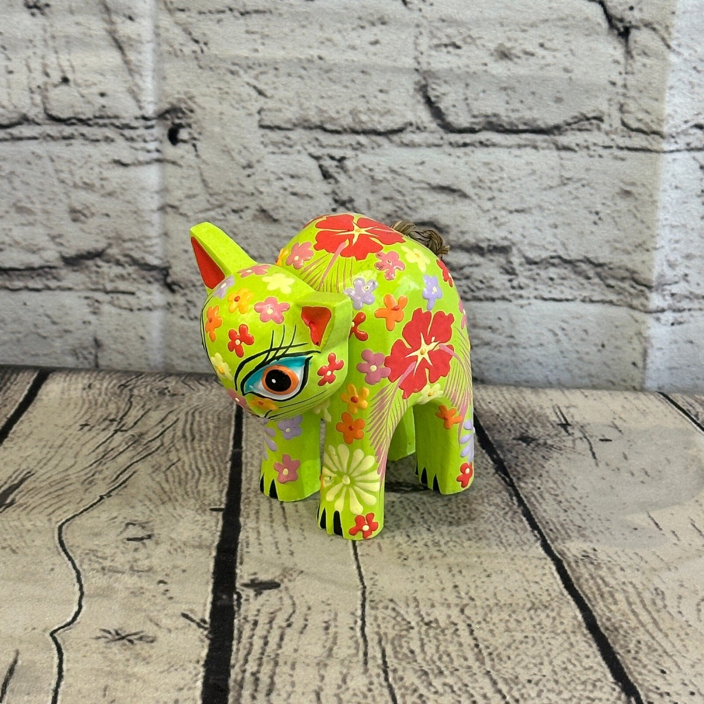Green Small Wooden Cat With Flower Pattern 10cm x 8cm Handmade and Fairtrade