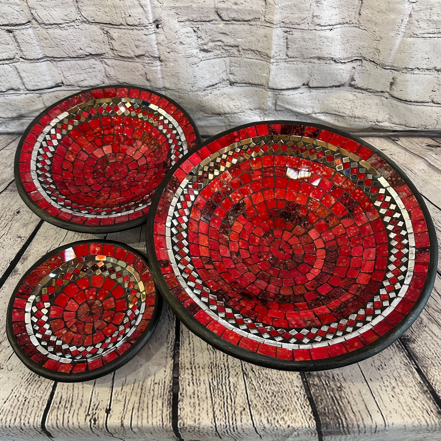 35cm Red Round Mosaic Handmade Ceramic Glass Tile Bowl Fruit