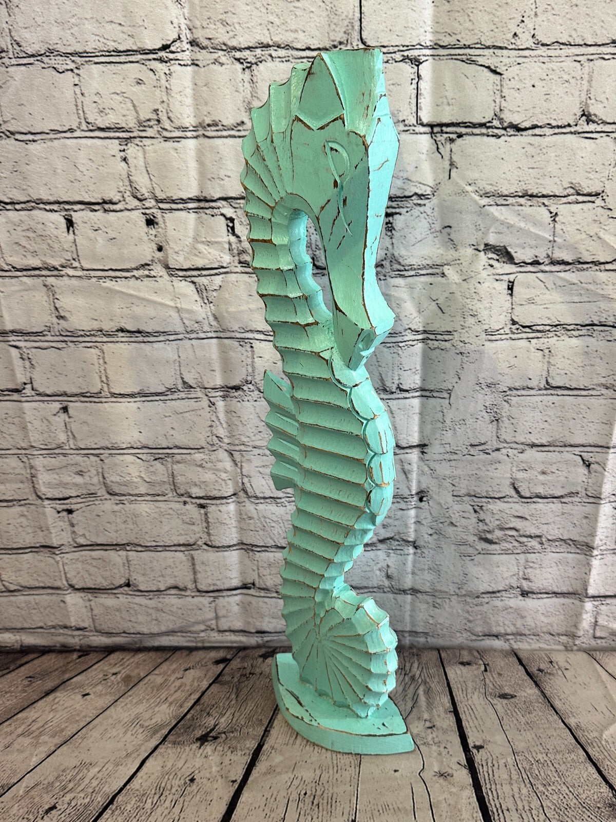 60cm Green Plain Wooden Shabby Seahorse Statue Ornament Fair Trade Handcarved