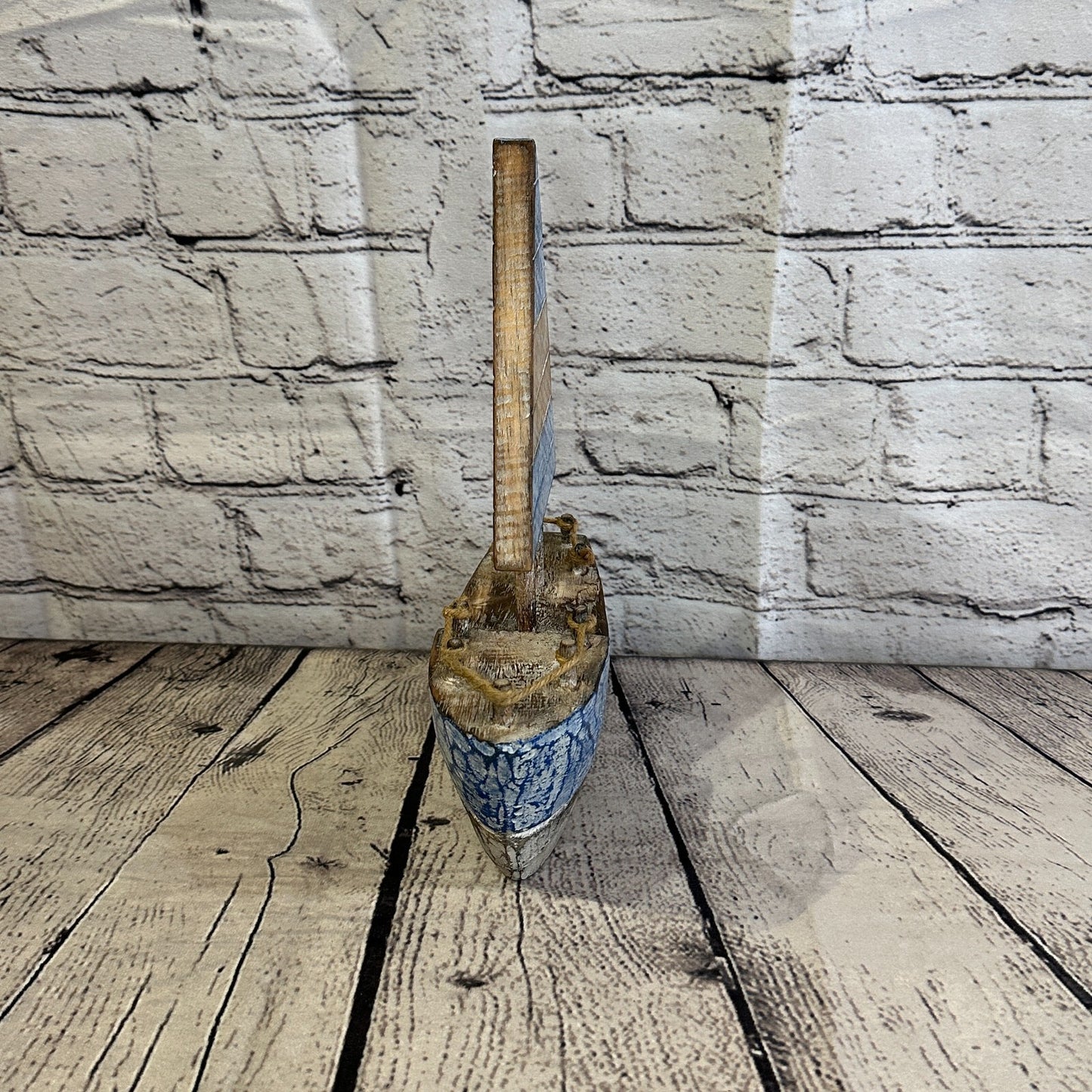 25cm Rustic Wooden Brown & Blue Sailing Boat Nautical Ornament Sculpture Decor