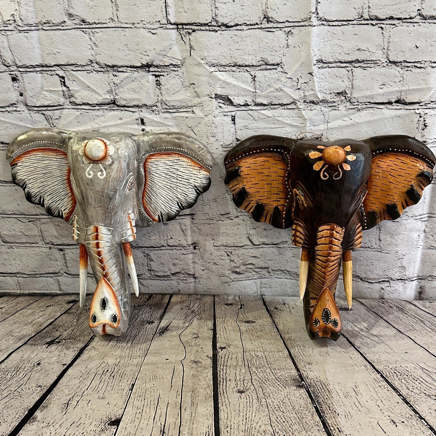 50cm x 45cm Brown Painted Wood Elephant Head Wall Mounted Art Large Shabby