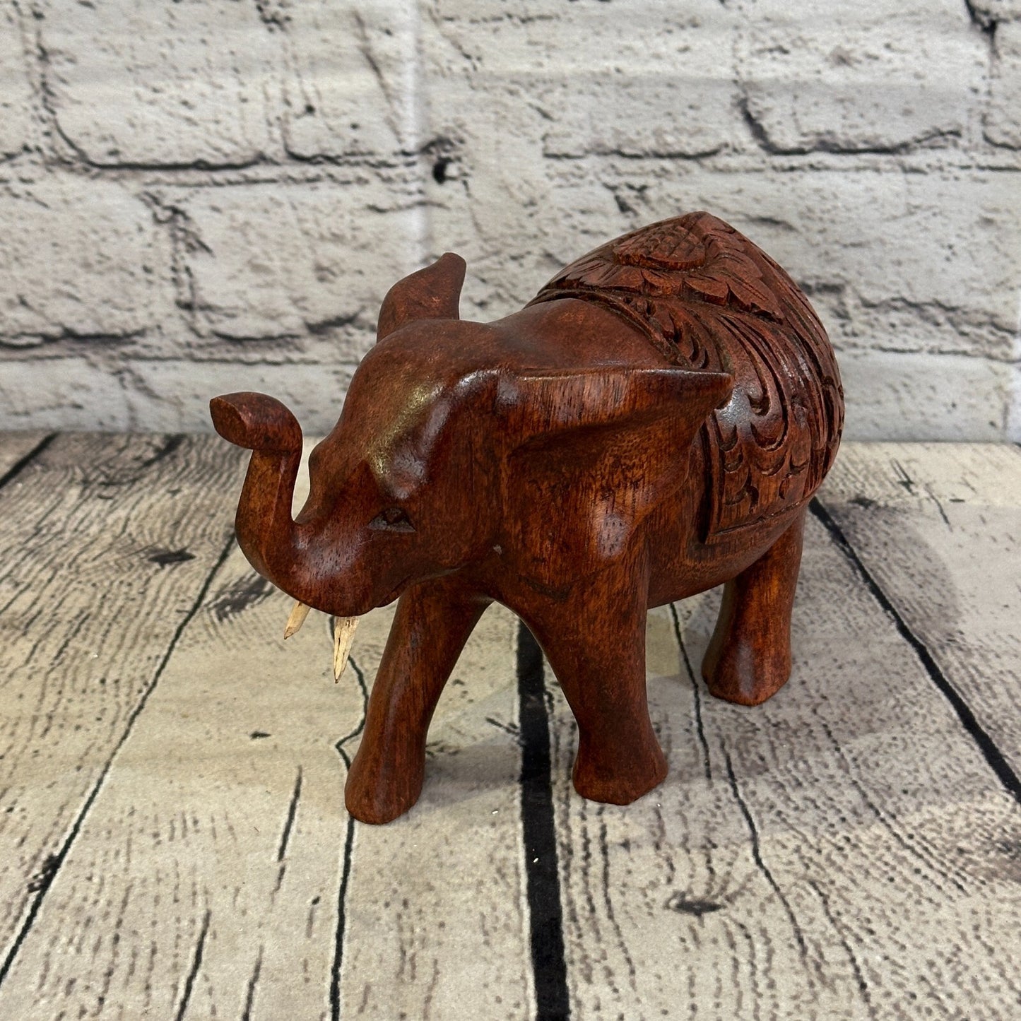 18cm x 12cm Carved Wooden Baby Elephant Wood Brown Sculpture Retro Handmade