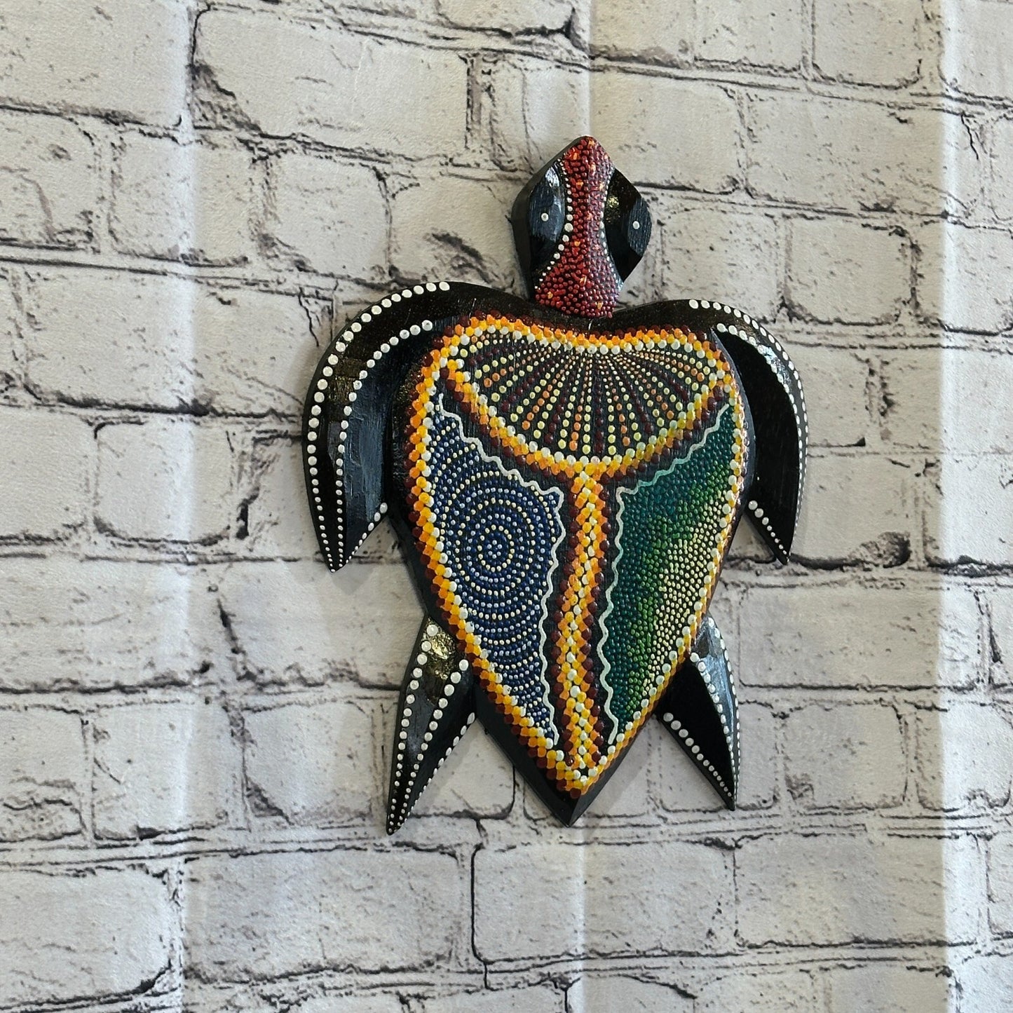 30cm Turtle Carved Wooden Dot Painted Ethnic Tribal Tiki Wall Art Handmade No 2