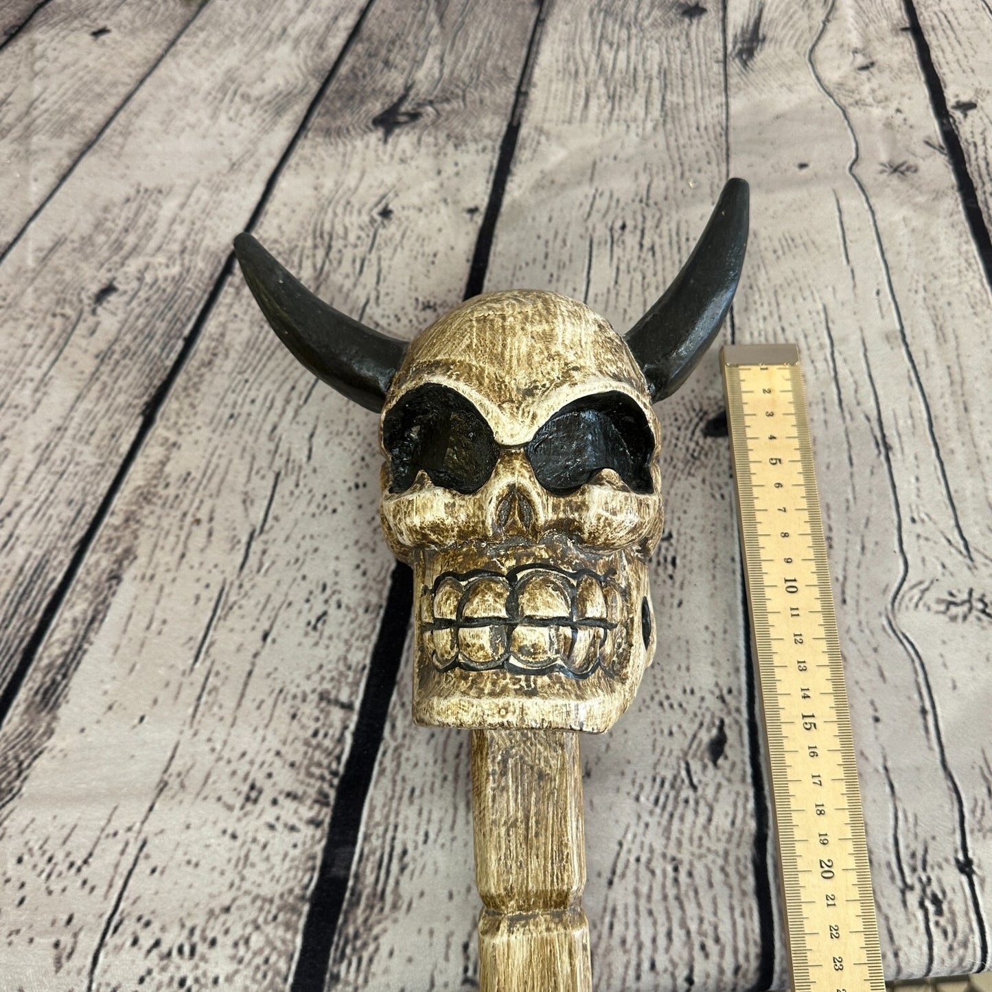 Skull Head With Horns 100cm Tribal Walking Stick Cane Hand Carved Light Wood
