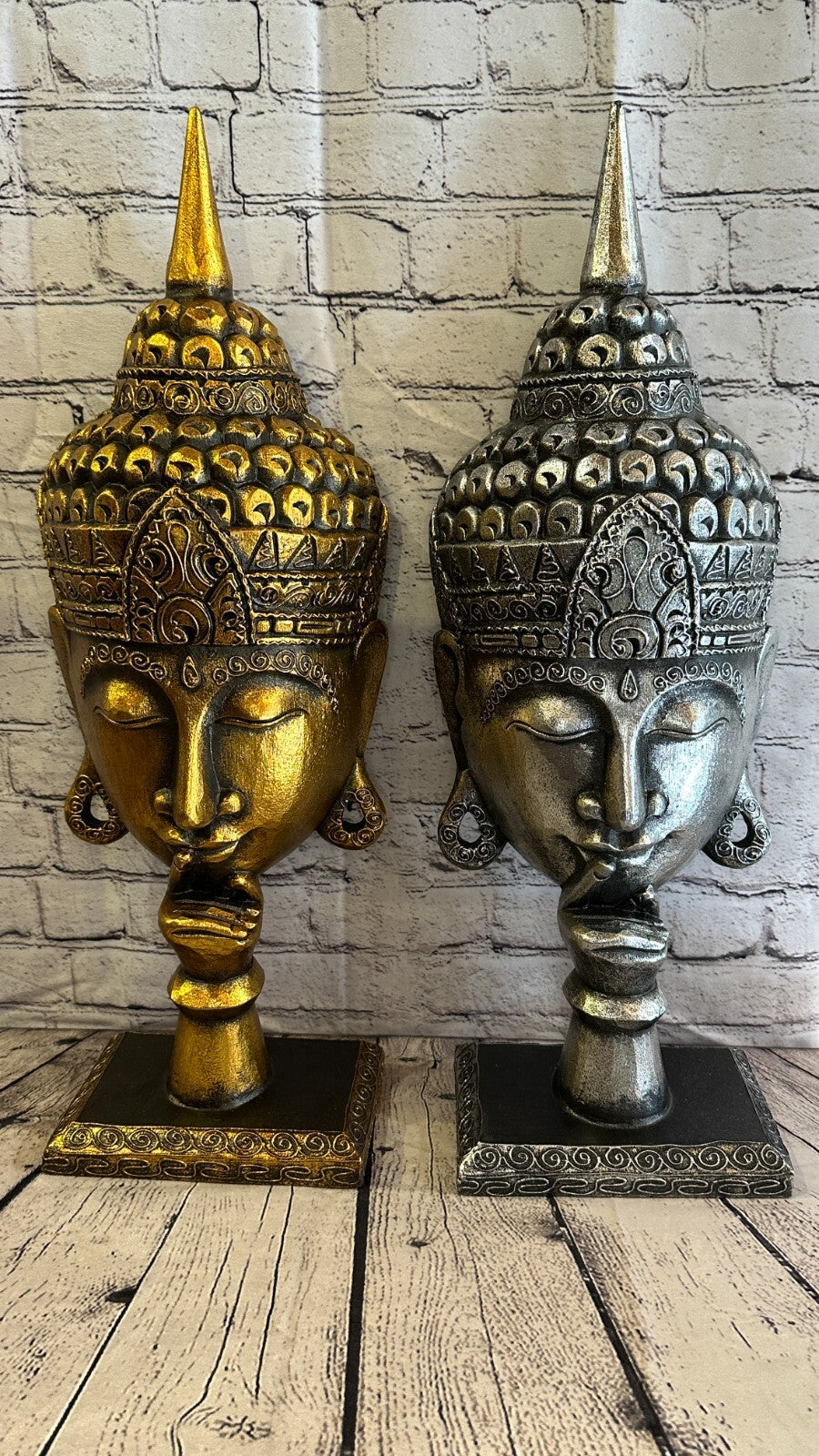 65cm Silver Buddha Head Wooden Standing Statue Figurine Ornament Fair Trade