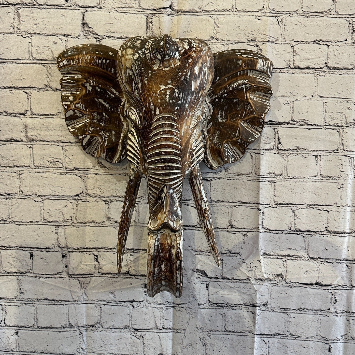 50cm x 40cm Brown Carved Wood Elephant Head Wall Mounted Art Large Shabby